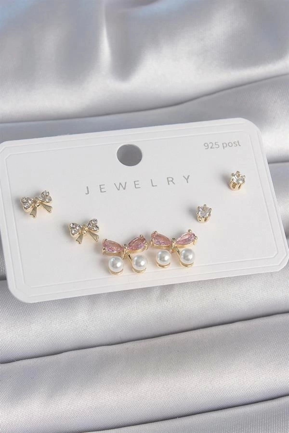 FASHIONLINE Pirinç Gold Renk Pembe Zirkon Taşlı Fiyonk Model İnci Detay 925 Ayar Gümüş Çivi Kadın Küpe Seti