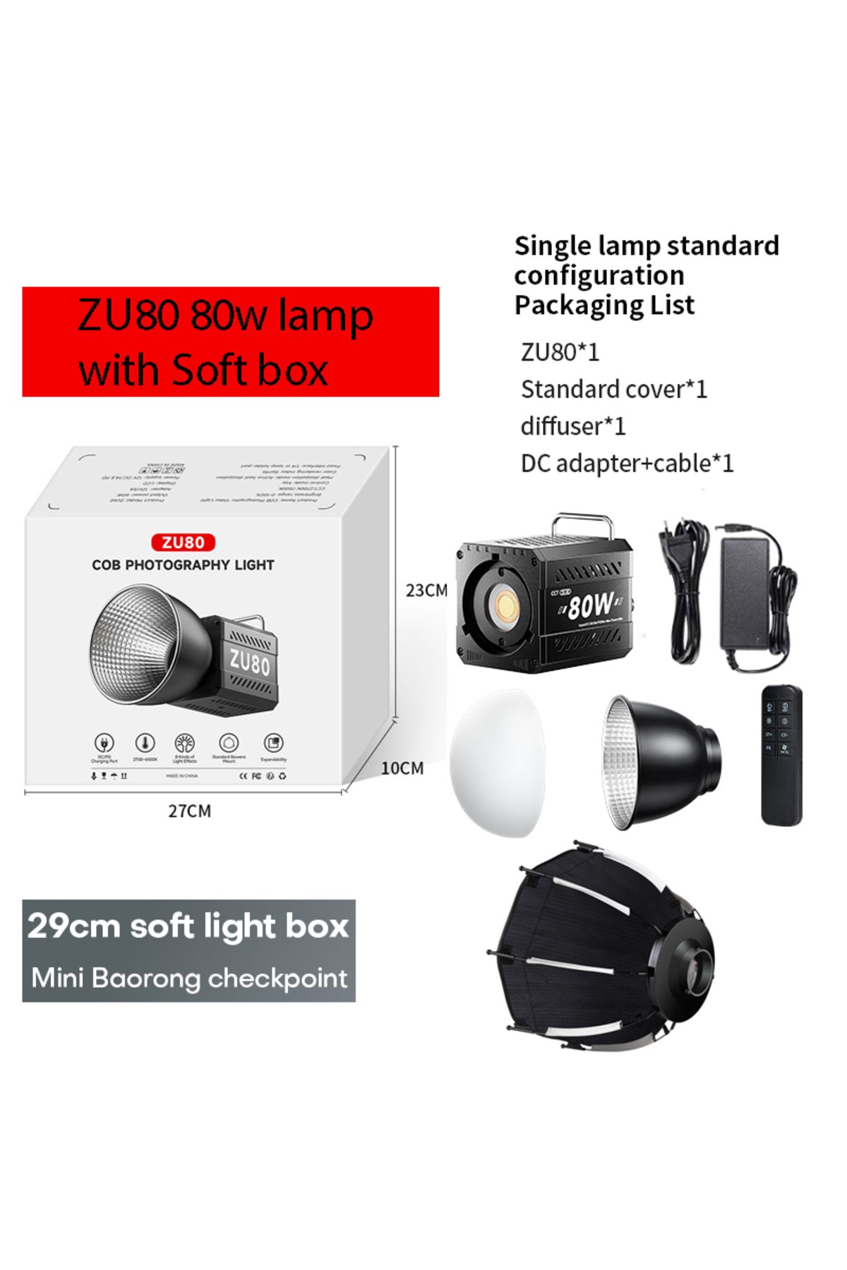 Nagnahz-ZU80 with soft box ZU80/ZU60 Photo Studio Light COB Bi-Color 2500-8500K CRI≥95 TLCI≥97 With Diffuser 1