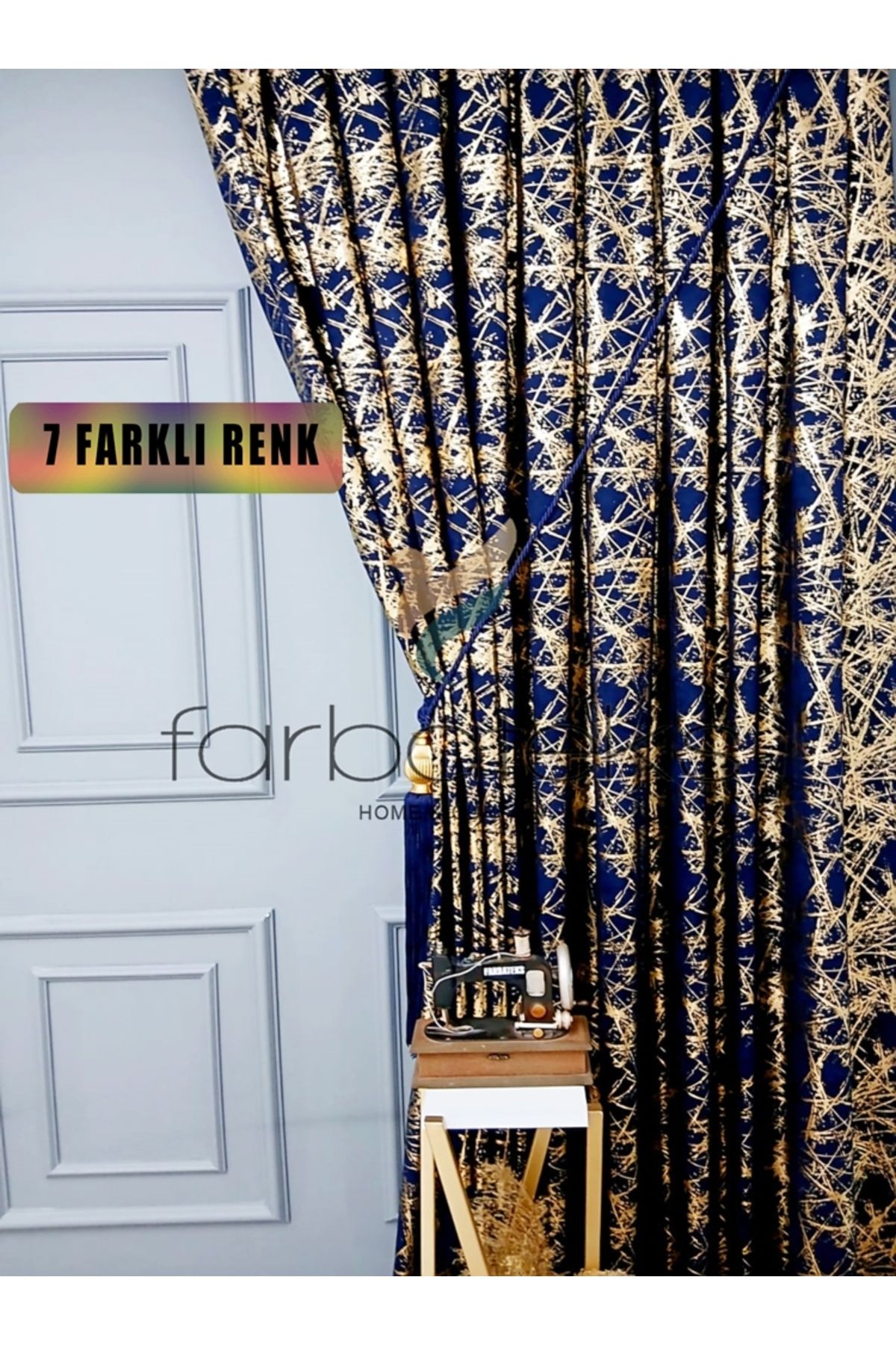 farbateks Lacivert Gold Varak Parlak Bağcıklı Opart Kumaş 3Kat Pileli Fon Perde
