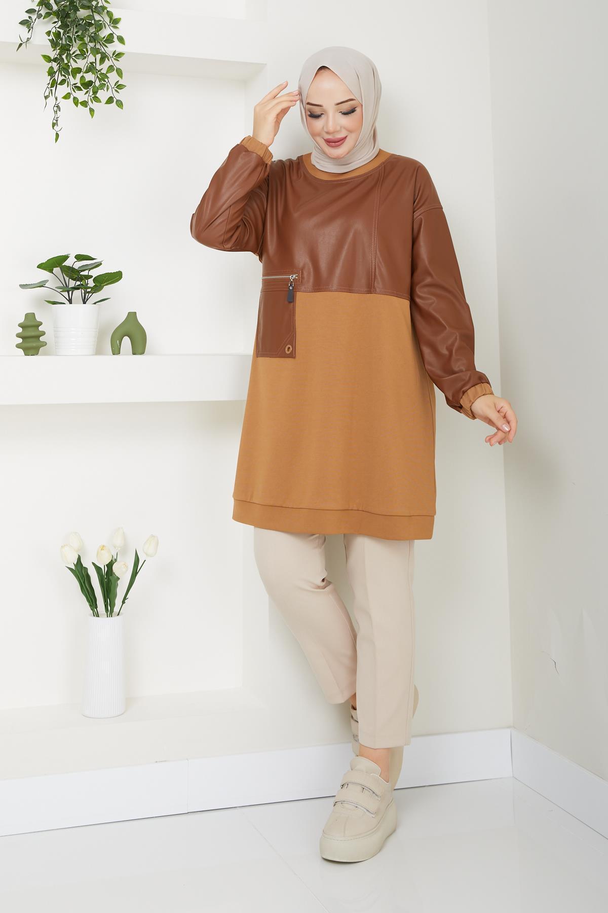 Doque-Hijab Seasonal Leather Combination Women's Tunic - 61023 6