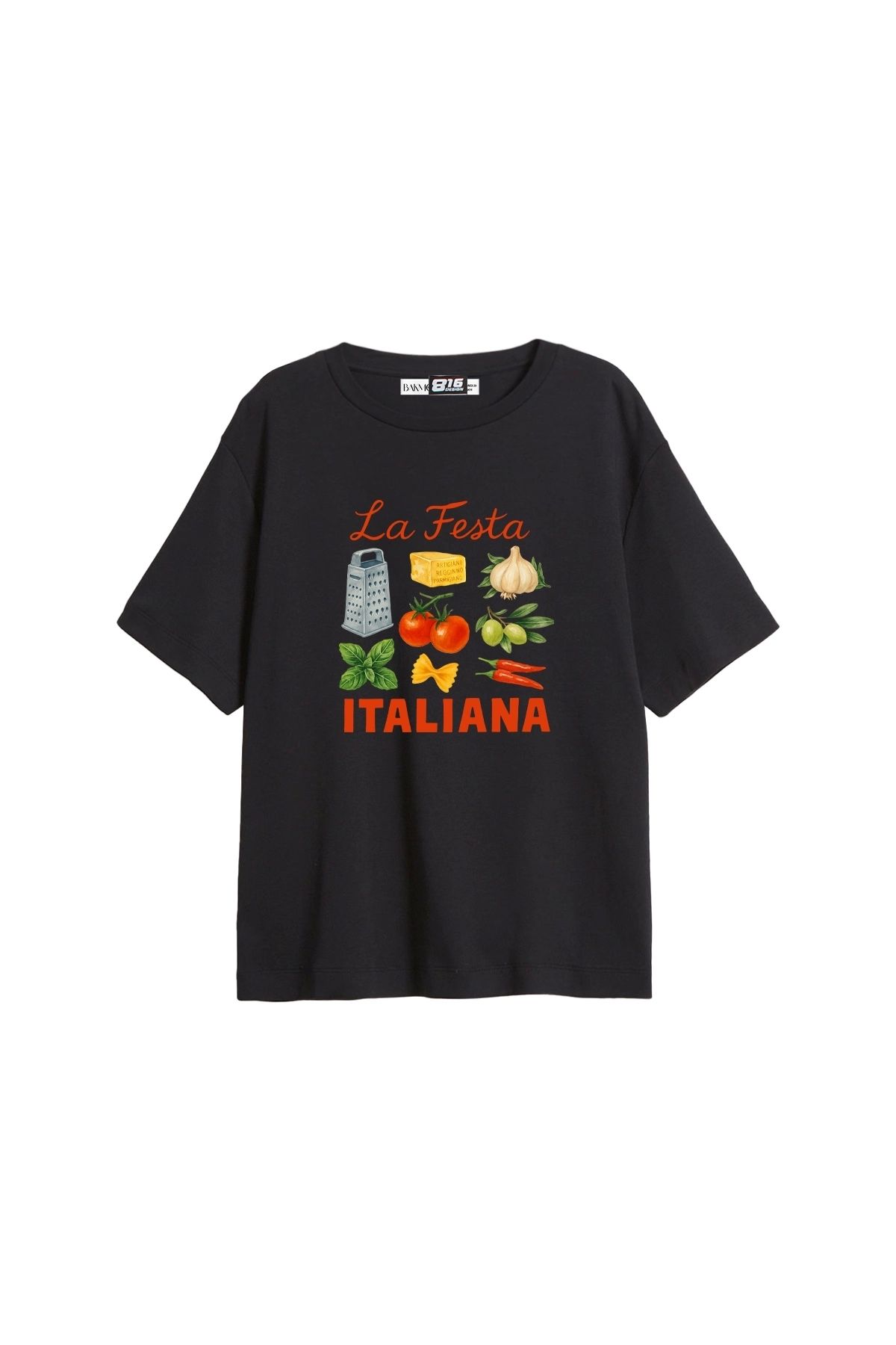 CİNEMA MODA La Festa İtaliana Baskılı Relaxed Fit Siyah Kadın Tshirt