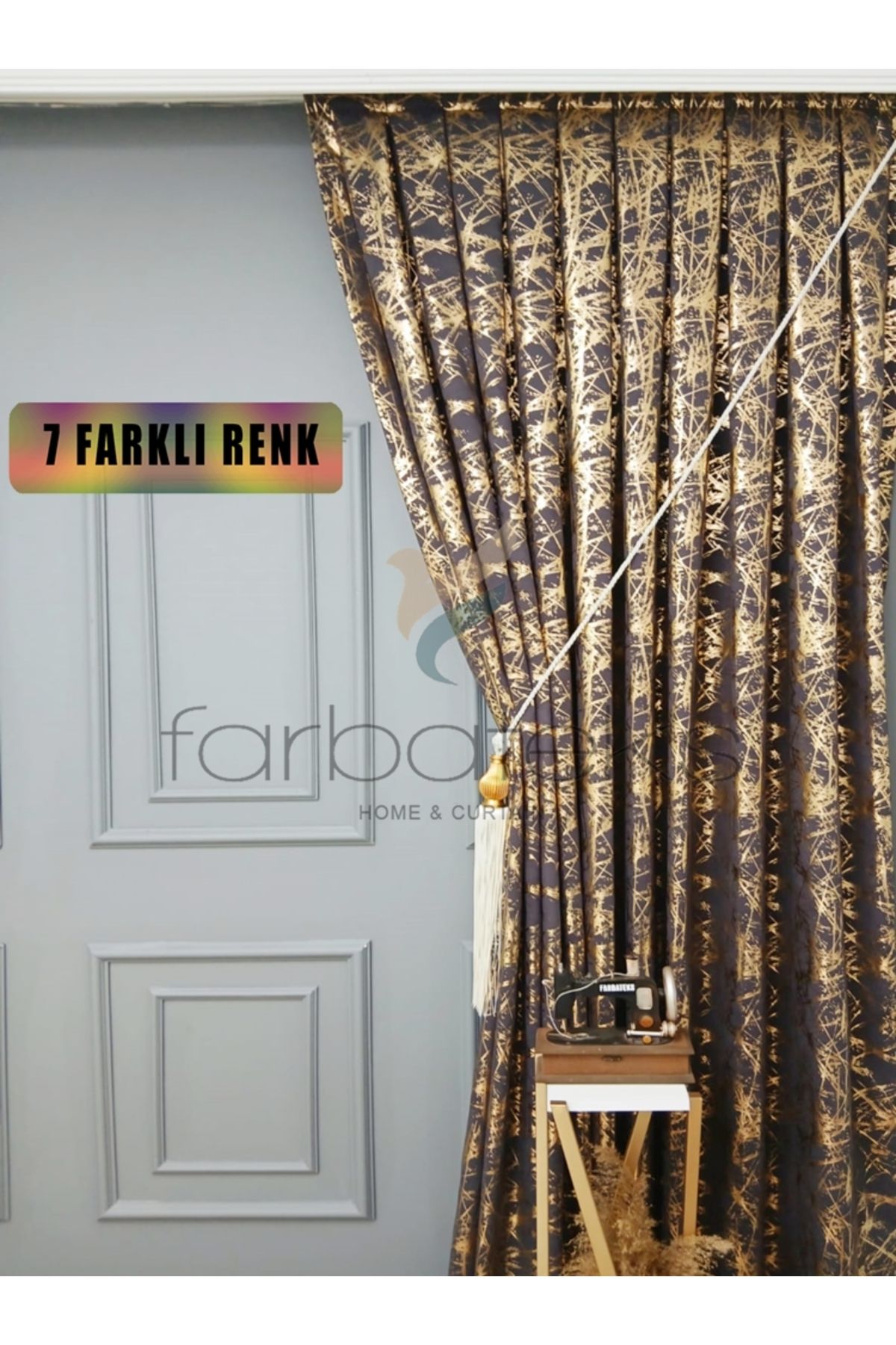farbateks Füme Gri Gold Varak Parlak Bağcıklı Opart Kumaş 3Kat Pileli Fon Perde
