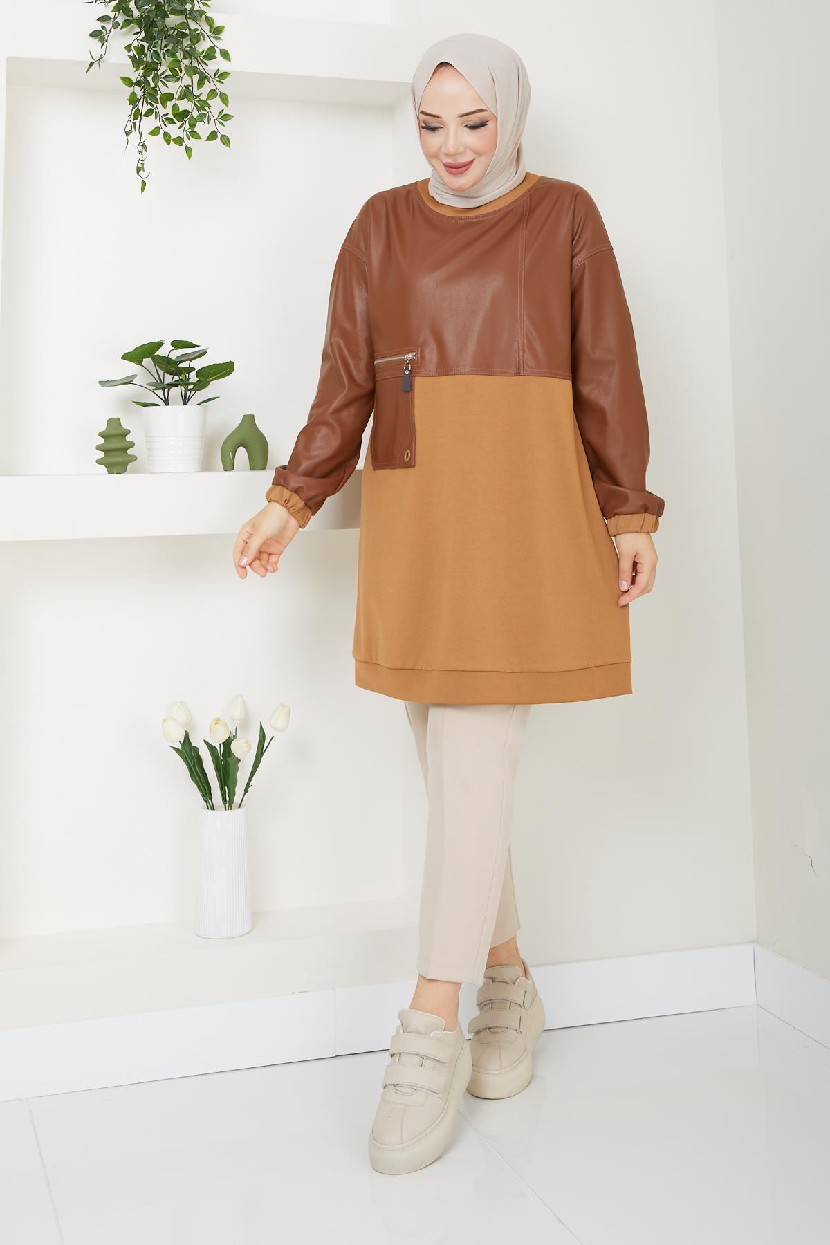 Doque-Hijab Seasonal Leather Combination Women's Tunic - 61023 8