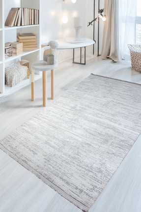 Estiva Home Gri Beyaz Polyester Halı Antibakteriyel Tozumaz Saçaklı Salon Otu...