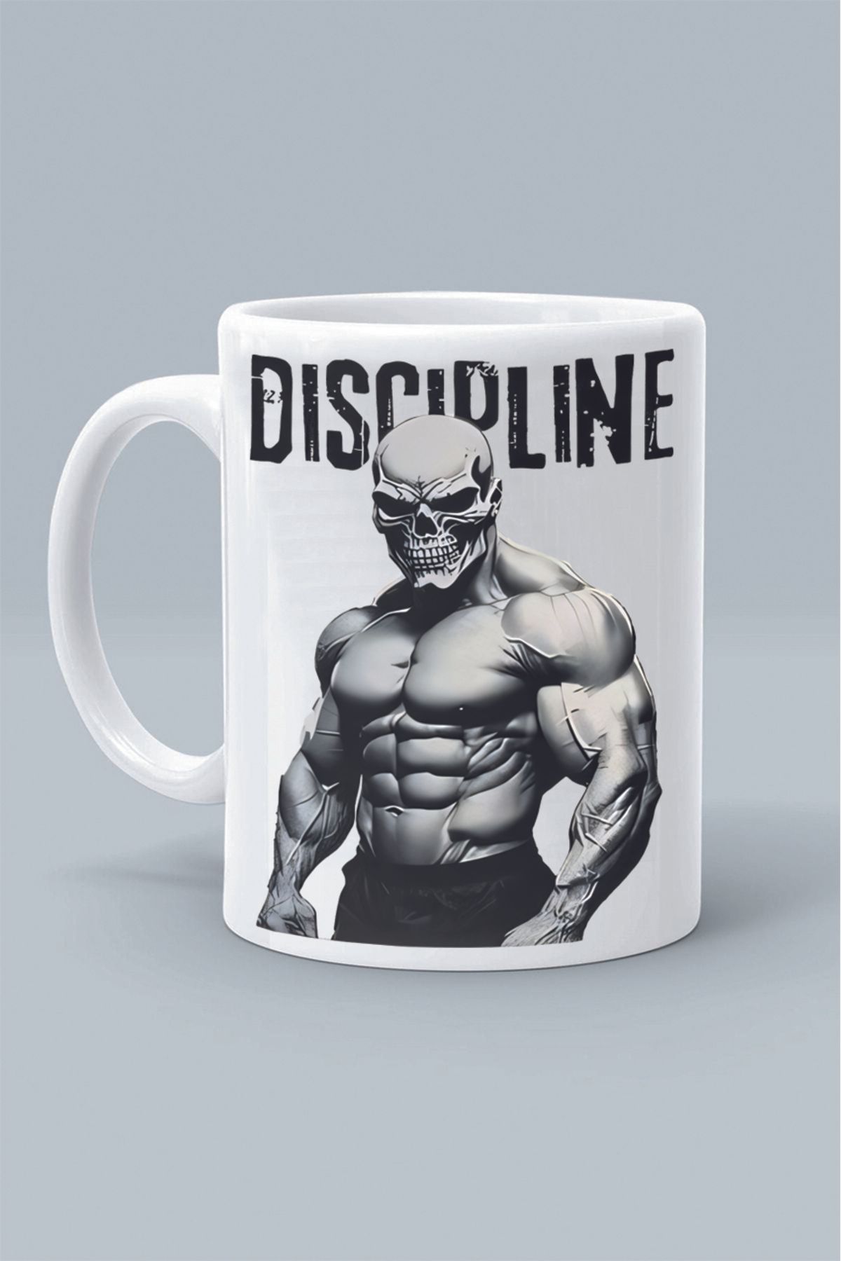 Olympus plus DISCIPLINE GYM FITNESS SKULL DİSİPLİN SPOR AZİM TASARIM BASKILI BEYAZ KLASİK KUPA BARDAK