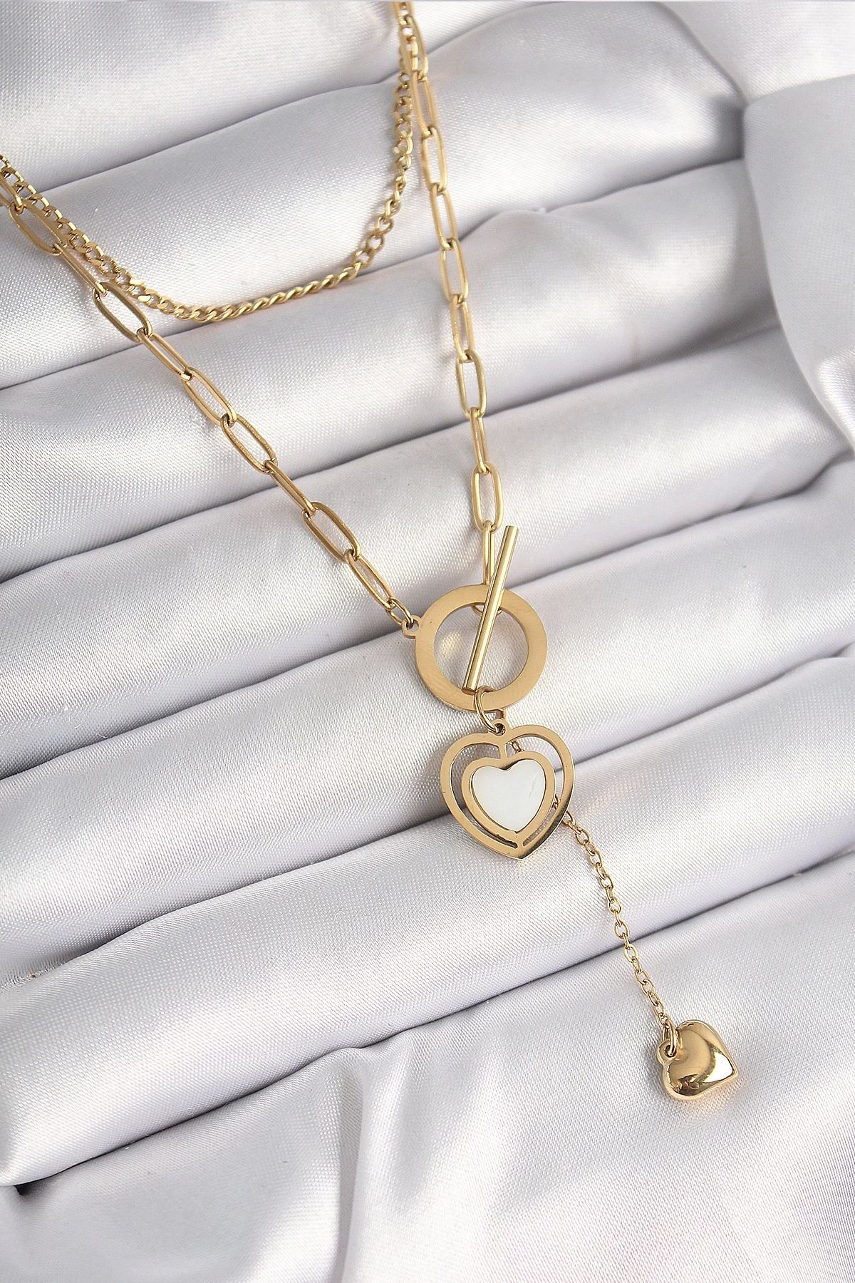 Clariss 316L Çelik Gold Renk 2'Li Zincir Model Sallantı Detay Kadın Kolye