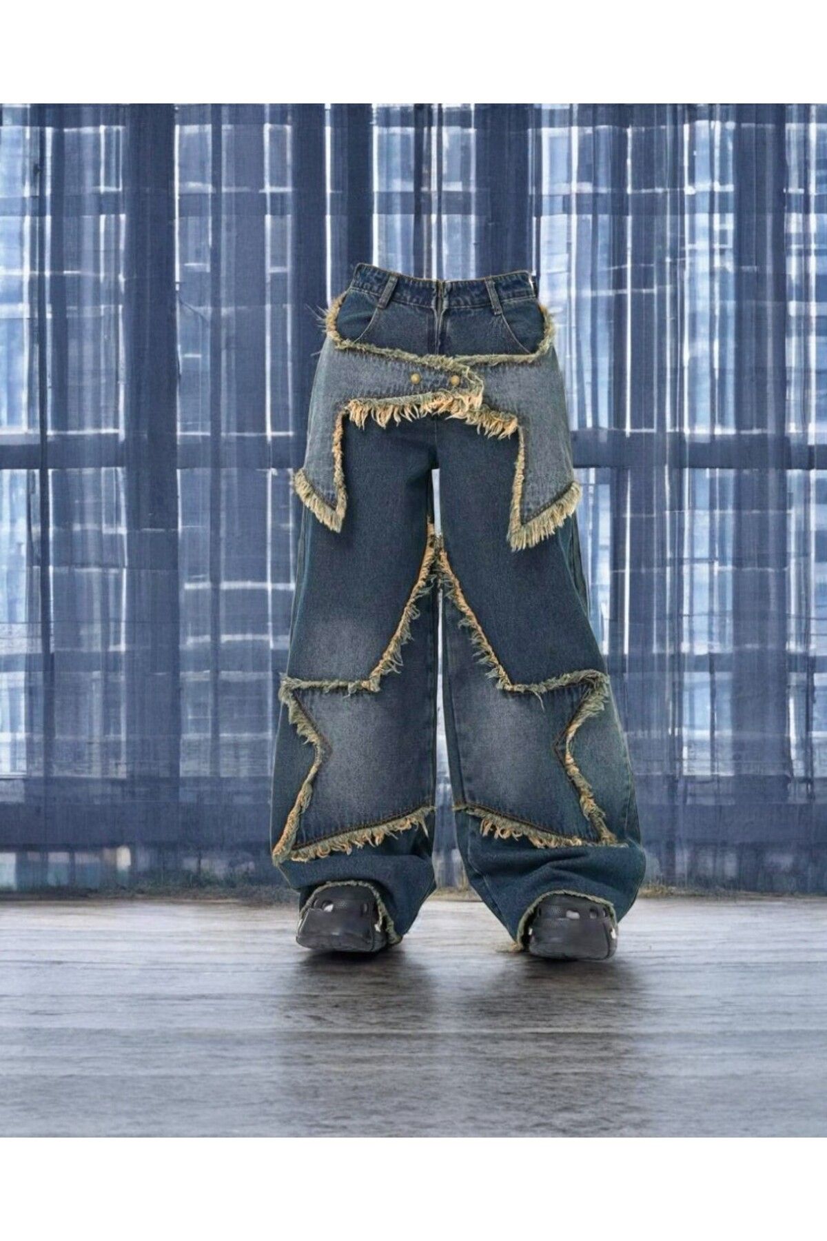 KOTOLOG Y2k Unisex Büyük Yıldız Çıt Çıt Kapalı İki Kademeli Baggy Bol Paça Jean