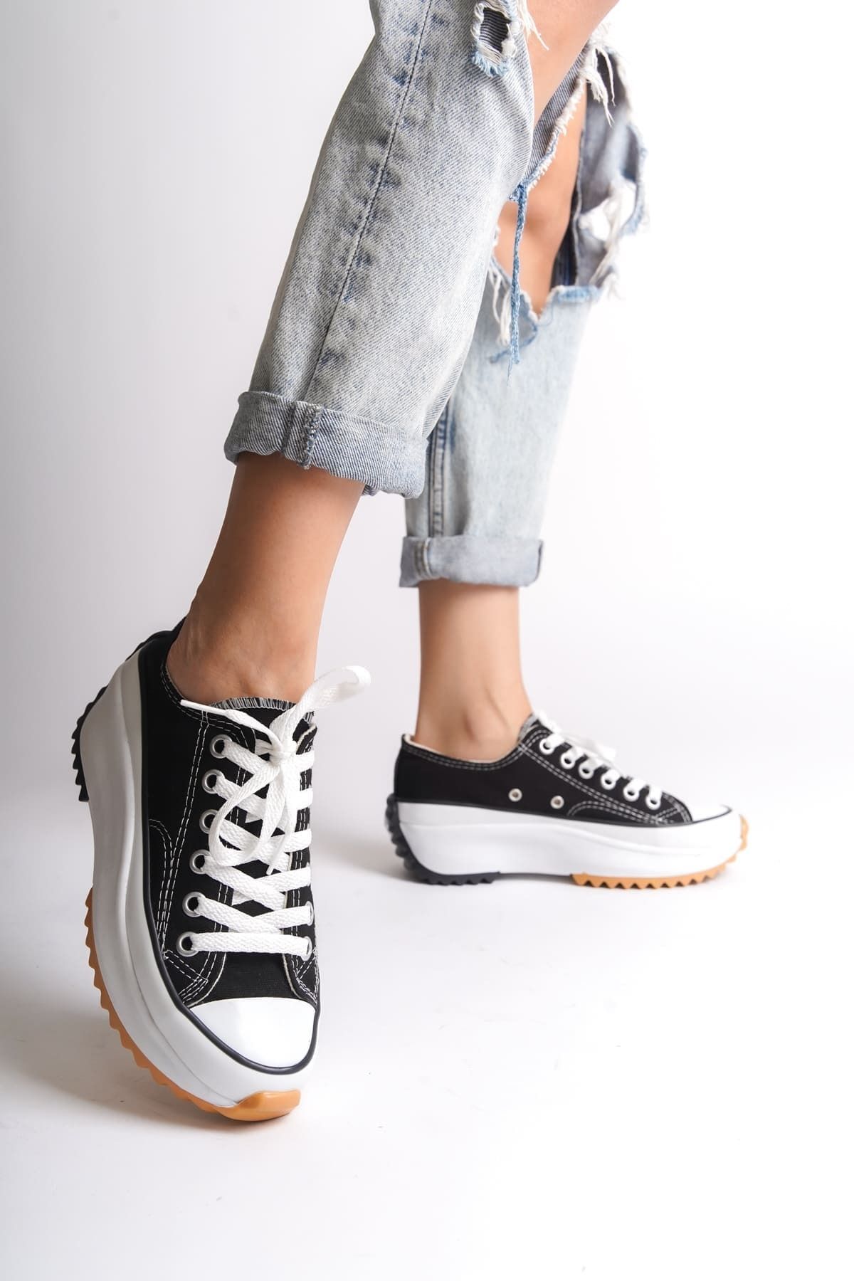 Joy Ayakkabı PARIS Bağcıklı Ortopedik Taban Kadın Sneaker Spor Ayakkabı BT - Siyah