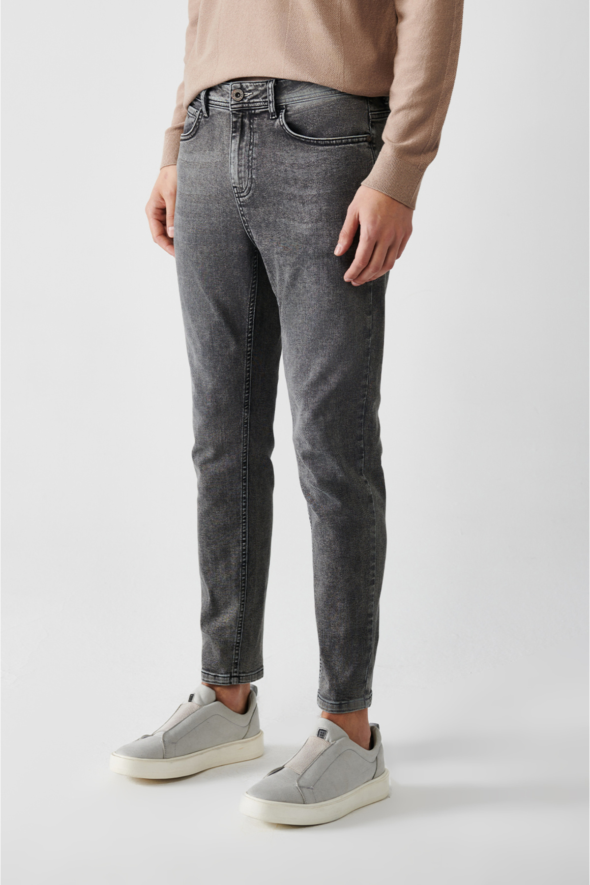 Avva-Ανδρικό γκρι Tumbled Washed Coated πλεκτό τζιν παντελόνι B003517 3