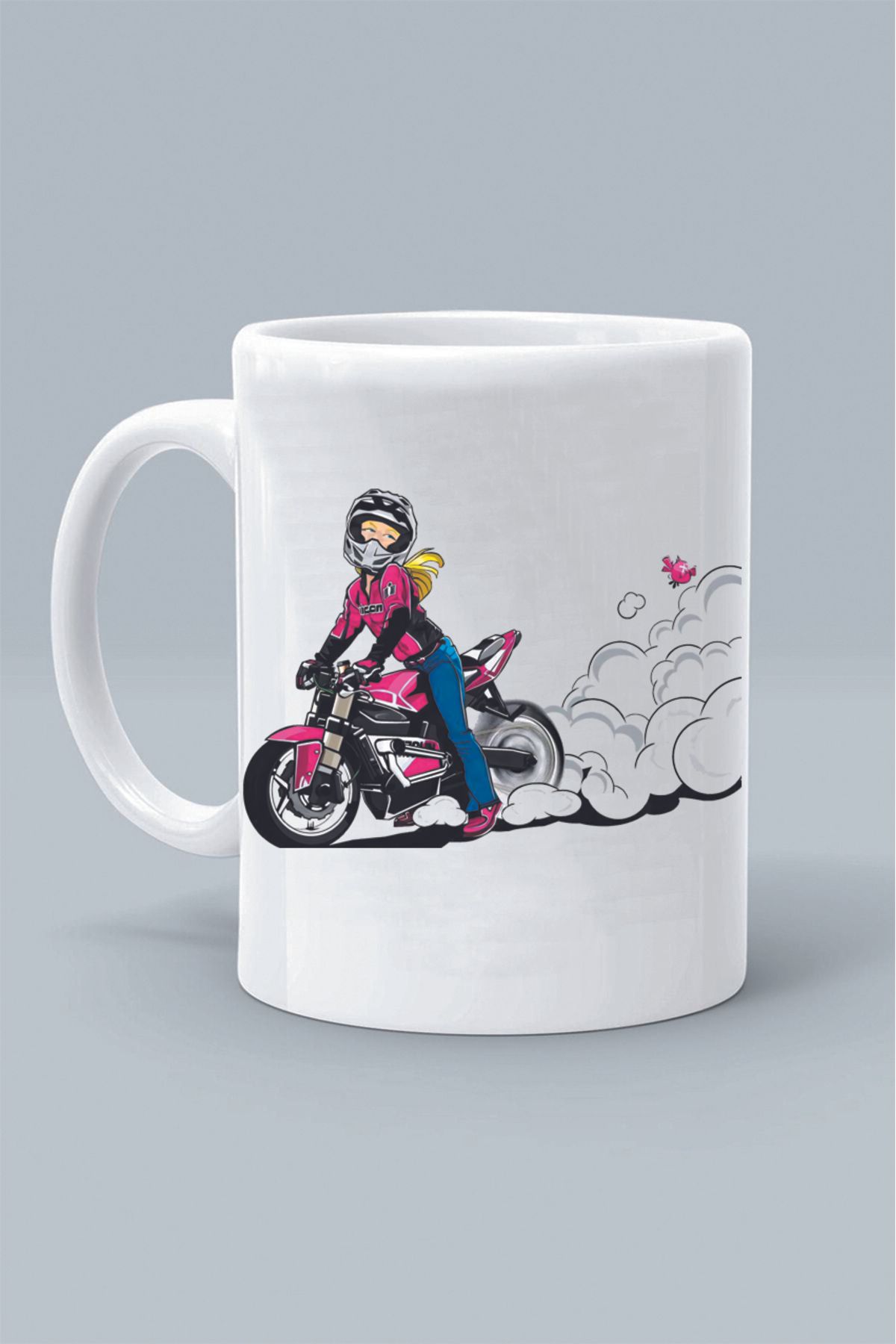 Olympus plus PEMBE MOTORLU KIZ KASK MOTOR TASARIM BASKILI BEYAZ KLASİK KUPA BARDAK
