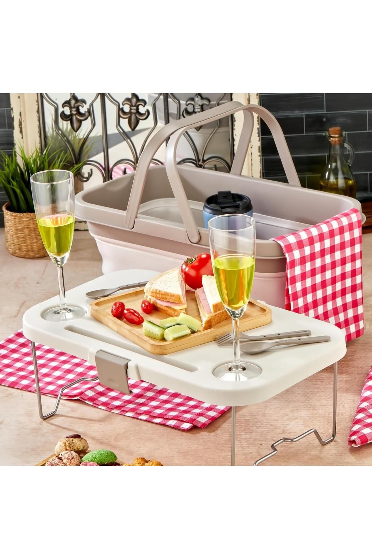 bigmate Portatif Katlanır Piknik Seti 25lt Silikon Sepetli Masalı Piknik Sepeti