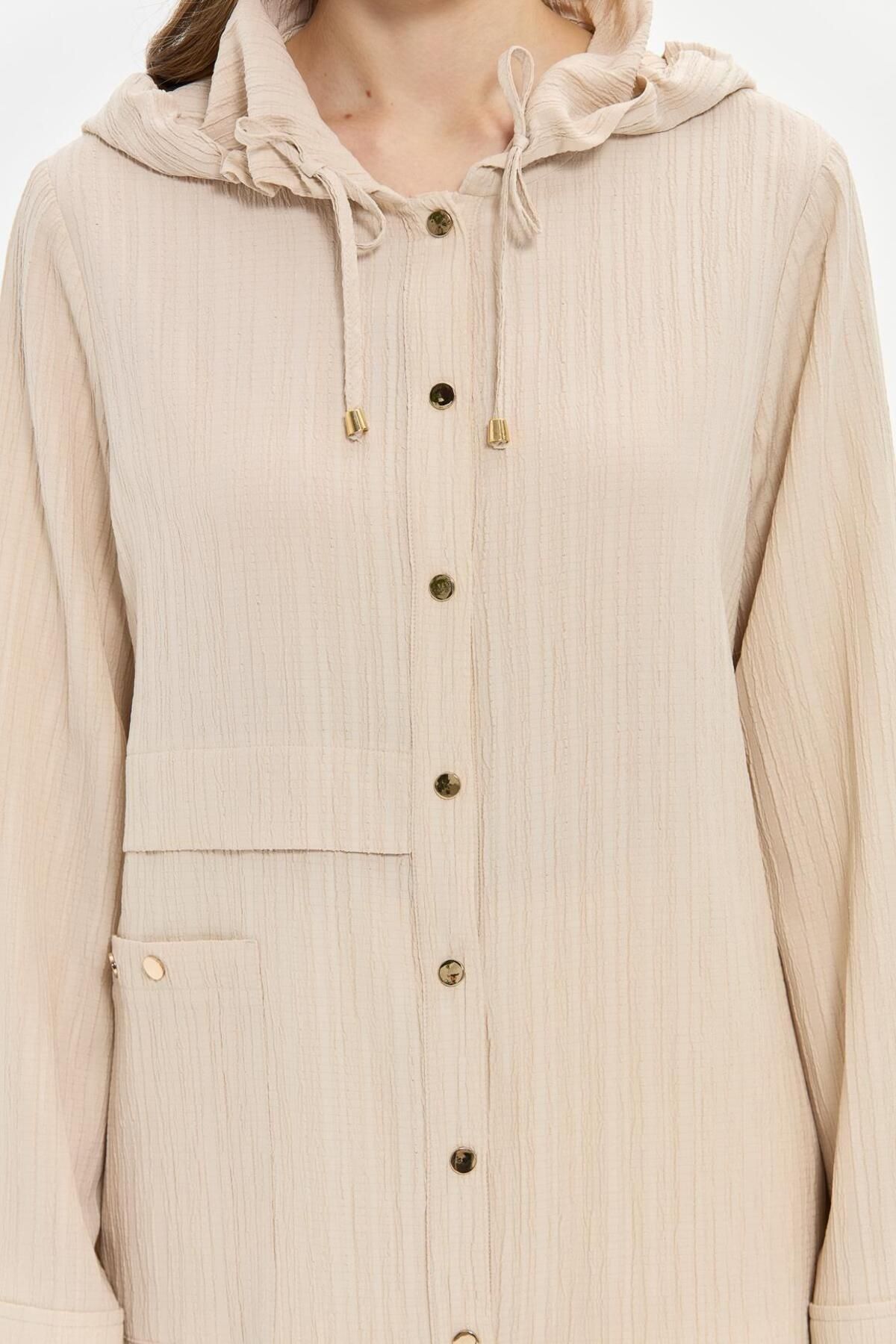 Esswaap-Hooded Detailed Wear-Out Tunic Beige 5