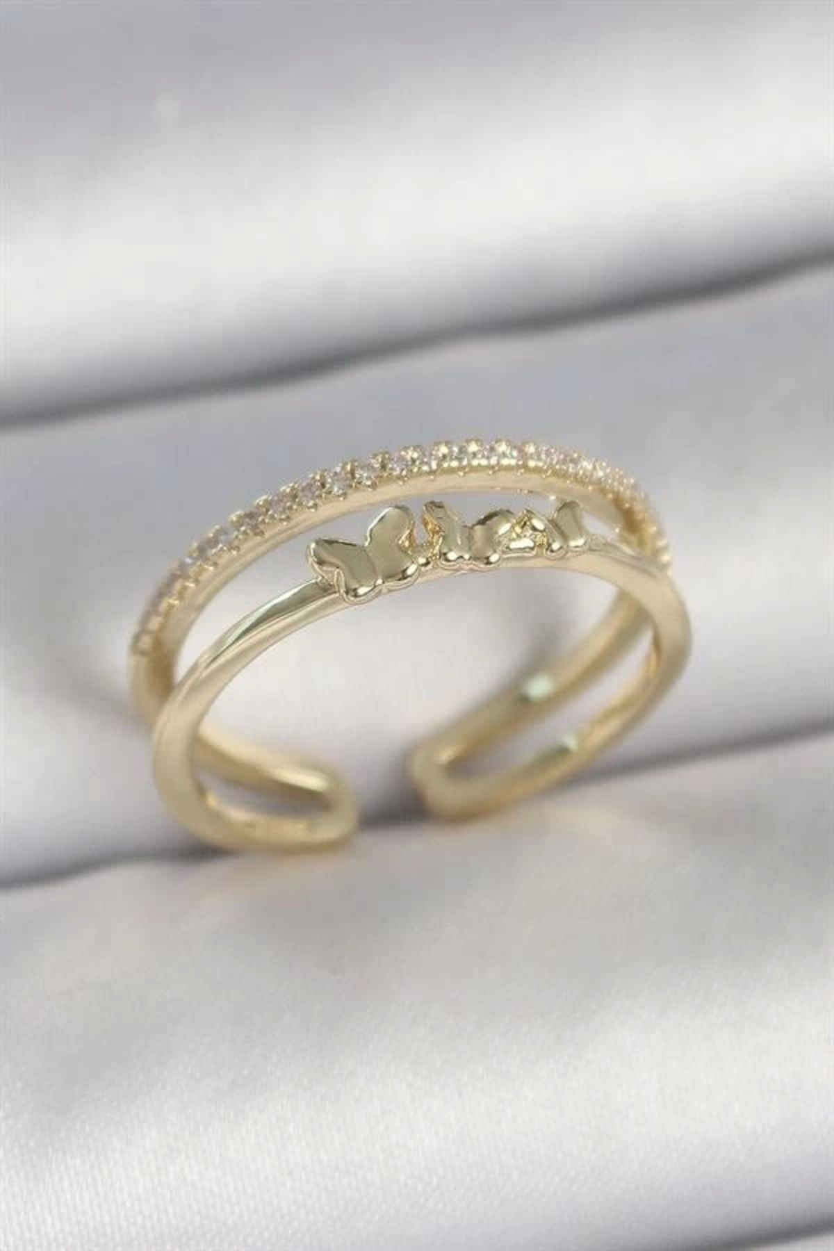 FASHIONLINE Pirinç Gold Renk 2'Li Sıra Zirkon Taş Detaylı Kelebek Figürlü Ayarlanabilir Model Kadın Yüzük