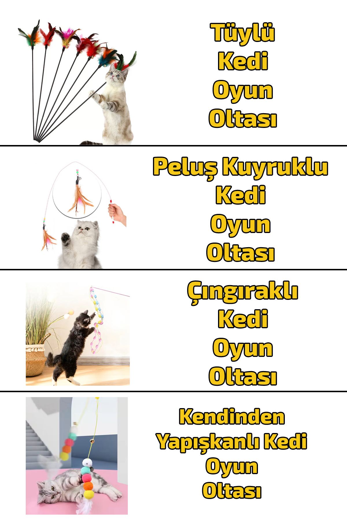 rianka 4'lü Kendinden Yapışkanlı Tüylü Çıngıraklı Oyun Çubuğu Kedi Oyun OItası Seti
