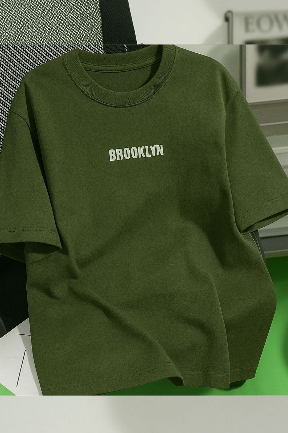 Trendseninle Unisex Erkek/Kadın Haki BROOKLYN Renkli Özel Baskı Oversize Pamuklu Bisiklet Yaka T-Shirt Tişört