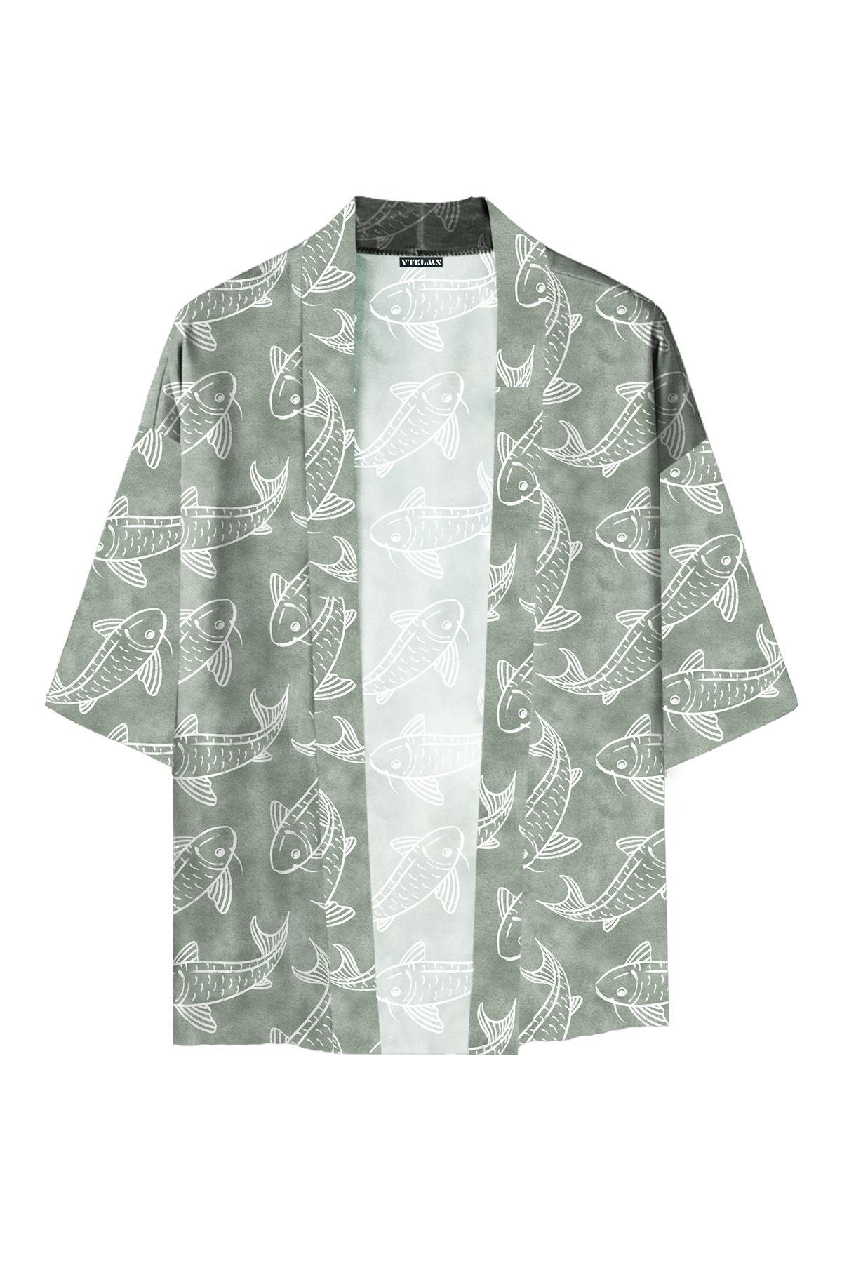 Vatkalimon Kadın Erkek Yeşil Koi Fish Desenli %100 Pamuk Viskon Kimono