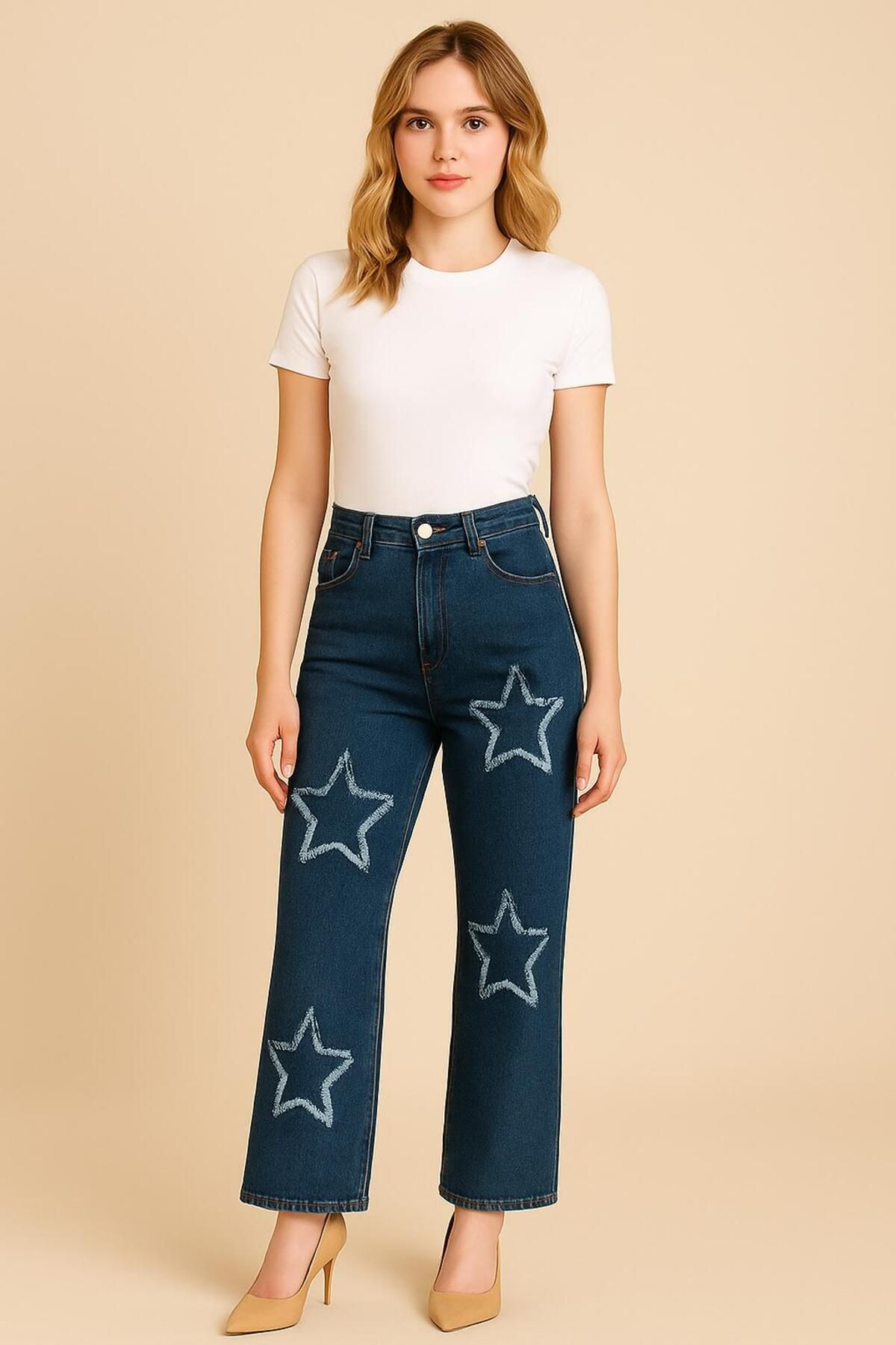 ELONİ KADIN JEANS YILDIZ DESENLİ KOT PANTOLON