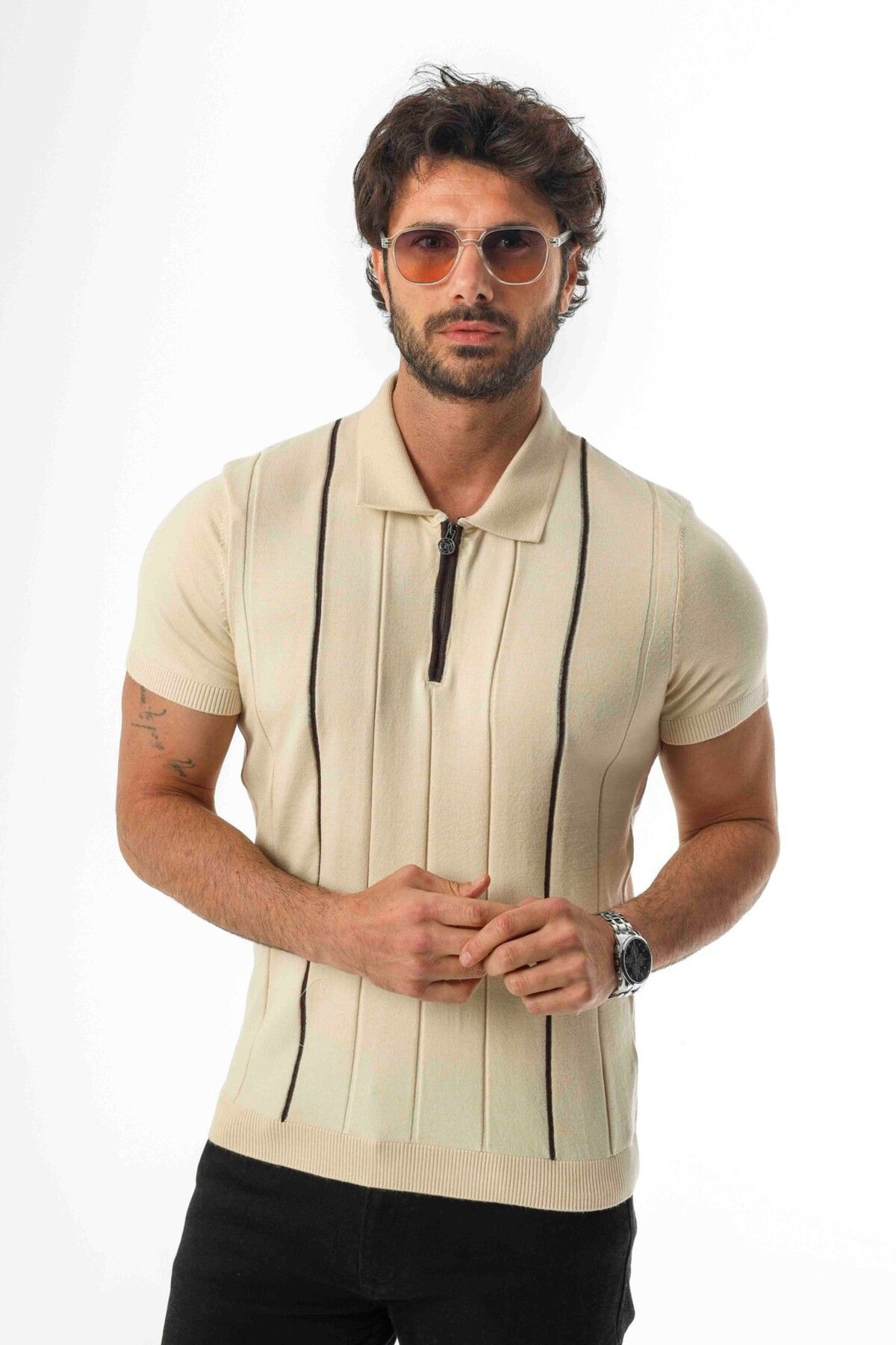 Tony Montana Polo Yaka Yarım Fermuarlı Çizgi Desenli Triko T-Shirt-TY-1311