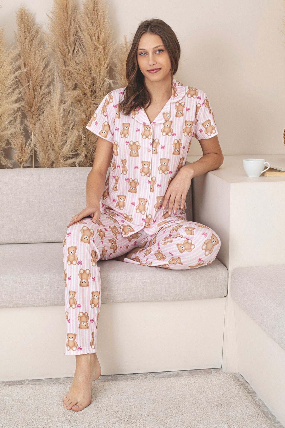 fehika Kadın Pamuk Lİkralı Pembe Teddy Baskı Düğmeli Pijama Takımı