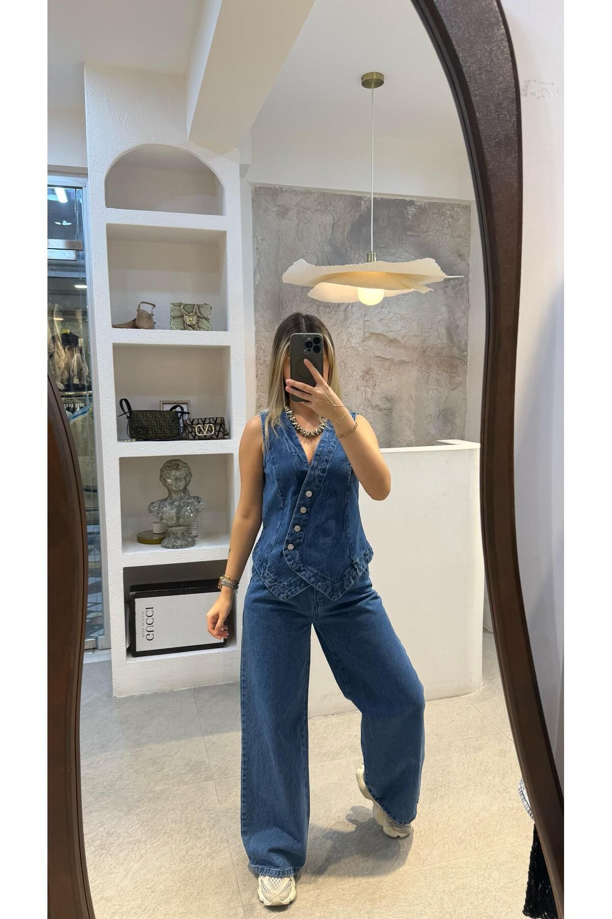 SEVİNÇ GÜNGÖR Denim yelekli takım MAVİ