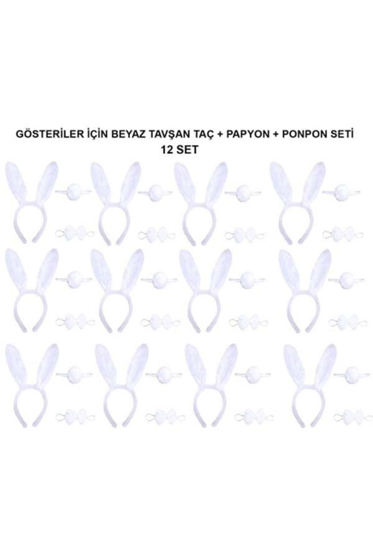 feifei Beyaz Tavşan Kostüm Seti - Taç, Papyon, Kuyruk (12 Li Paket)