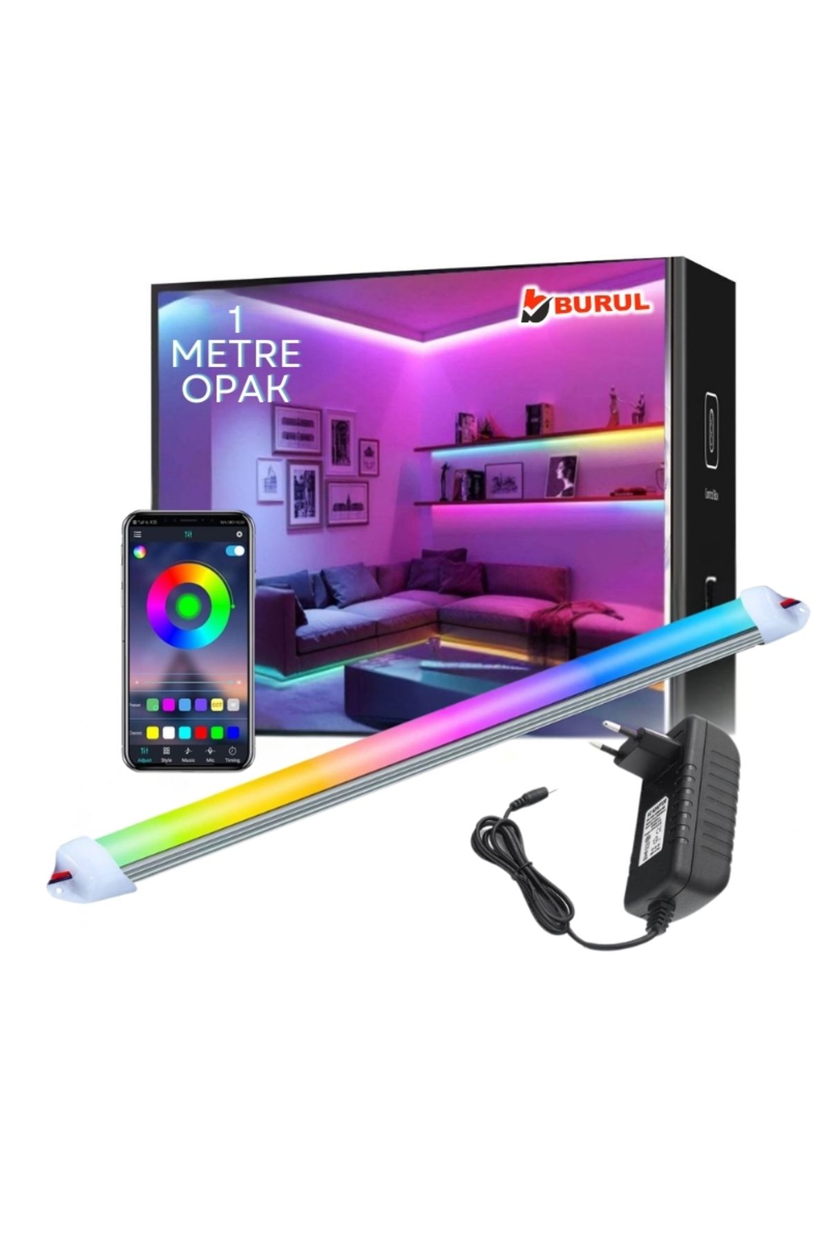 burul SB-6521 RGB Çubuk Şerit Led - 1 Metre Opak 256 Renk Bluetooth Kontrol Renk Değiştiren Led Işık