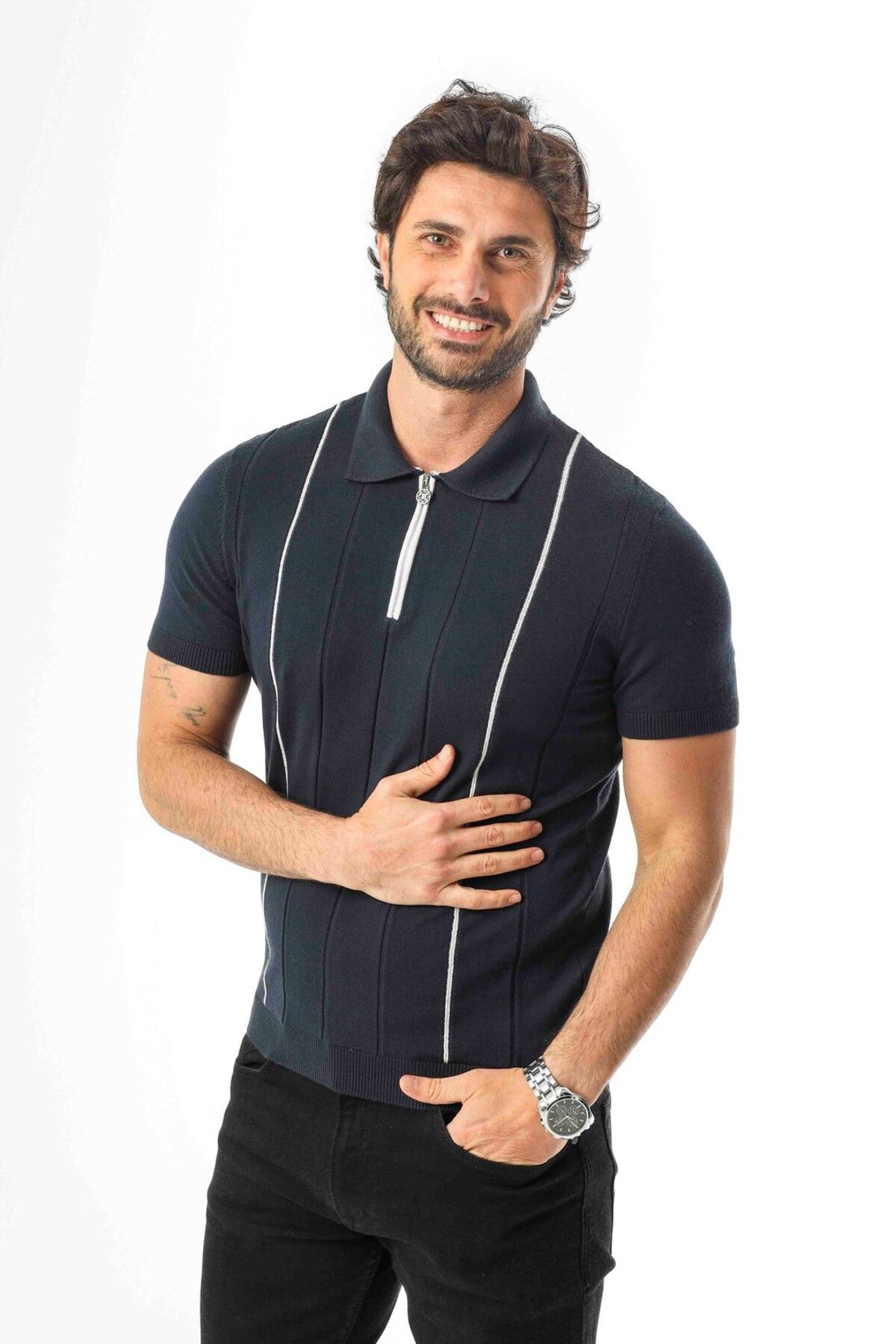Tony Montana Polo Yaka Yarım Fermuarlı Çizgi Desenli Triko T-Shirt-TY-1311