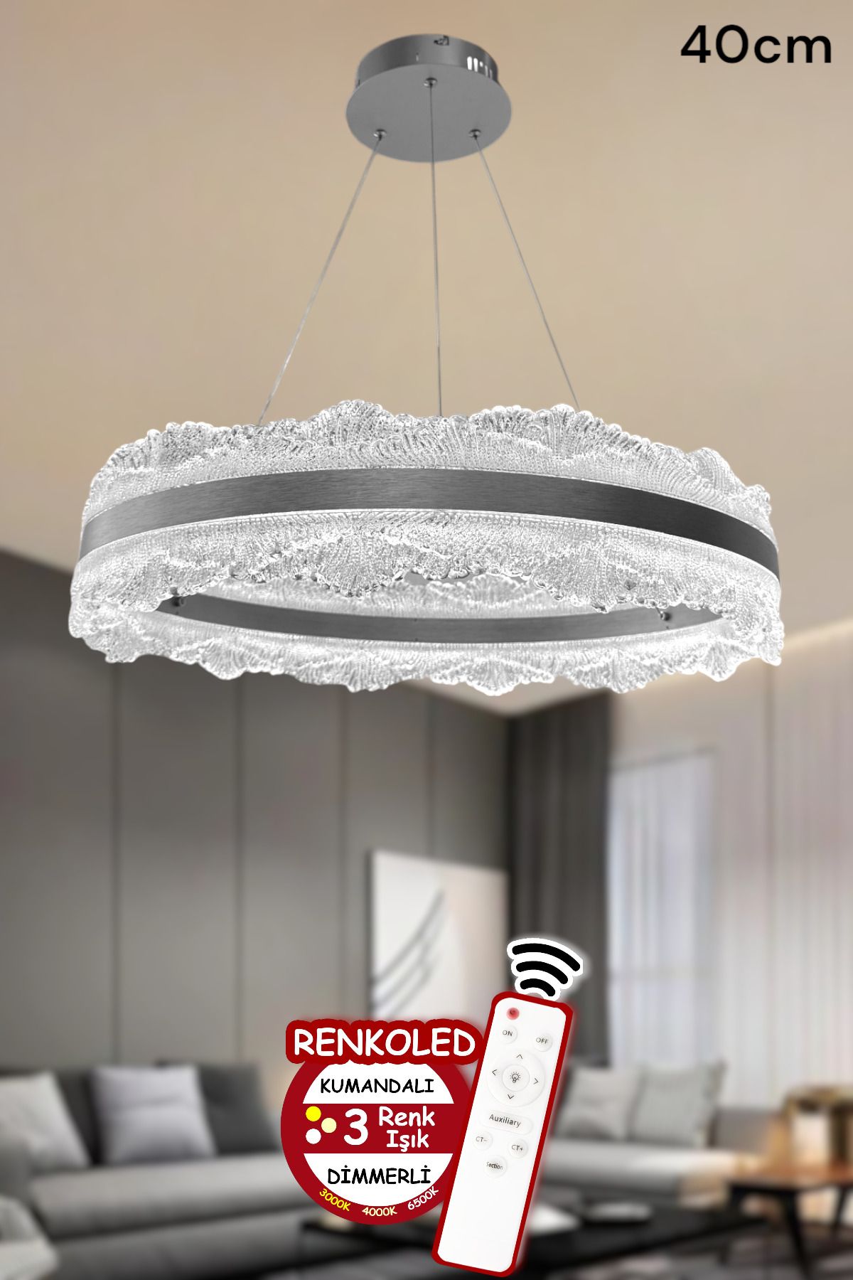 Renkoled Aydınlatma 3 Renk ışıklı kumandalı Modern Sarkıt Led Avize ledli avize Salon ,oda ,mutfak ,hol 40 CM