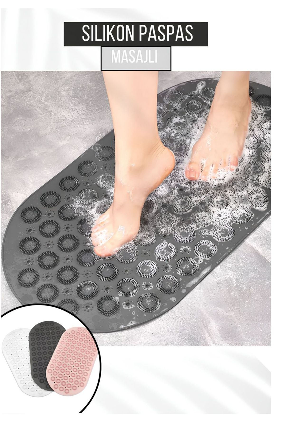SİHİRLİ AYAKLAR Masajlı Silikon Banyo Paspası Vantuzlu Banyo ve Duş Kaydırmazı Oval Gri Renk 37 x 69 cm