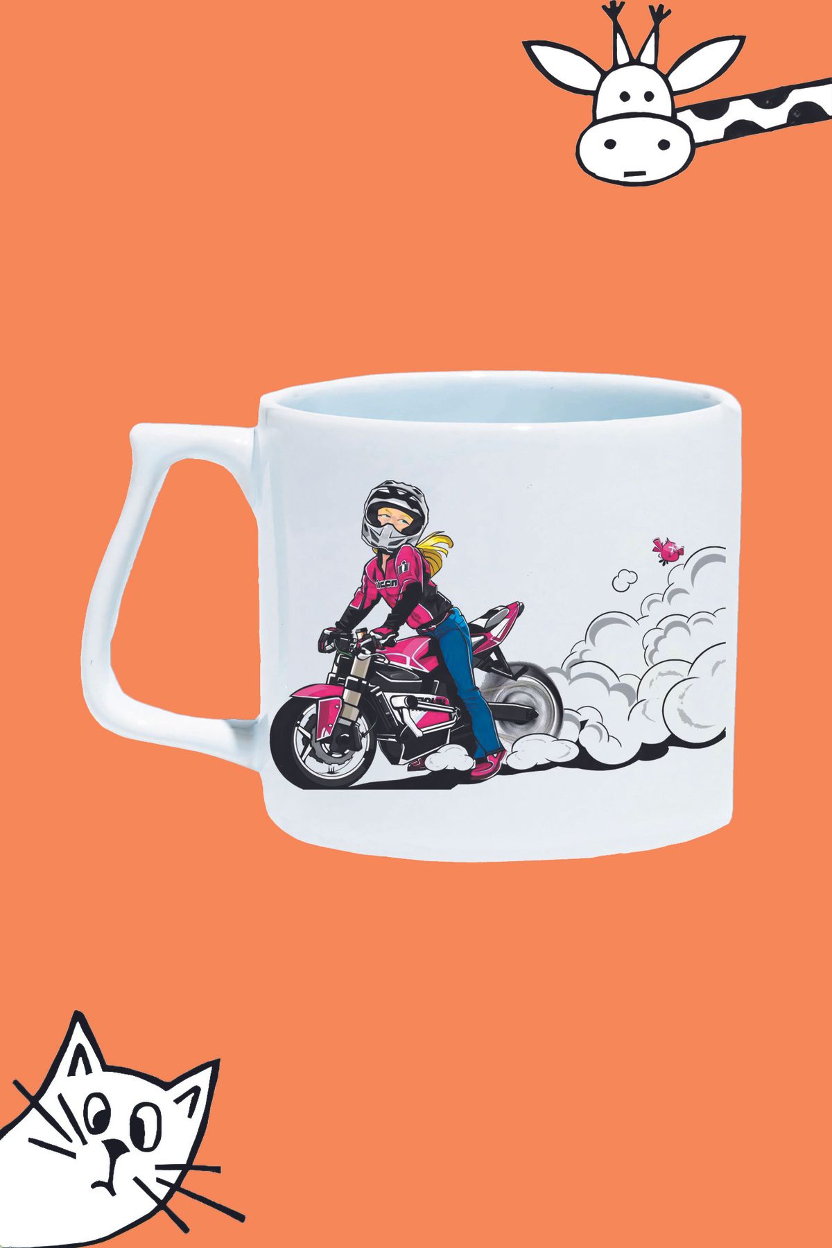 Olympus plus PEMBE MOTORLU KIZ KASK MOTOR TASARIM BASKILI BEYAZ LÜKS KUPA BARDAK