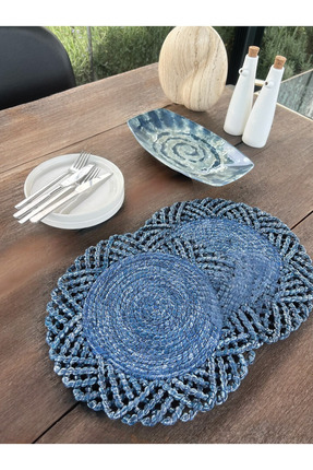 home inn 2'li Set Hasır Görünümlü Amerikan Servis-Leke Tutmaz Mavi 33 cm