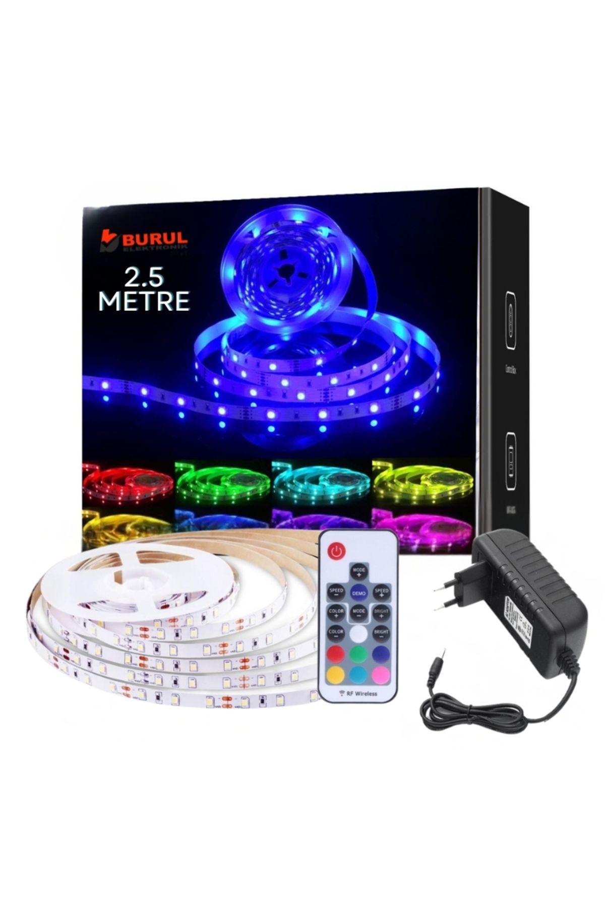 burul SB-6524 RGB Şerit Led Seti 2.5 Metre – 20 Renk RF Kumandalı Renk Değiştiren Led Işık