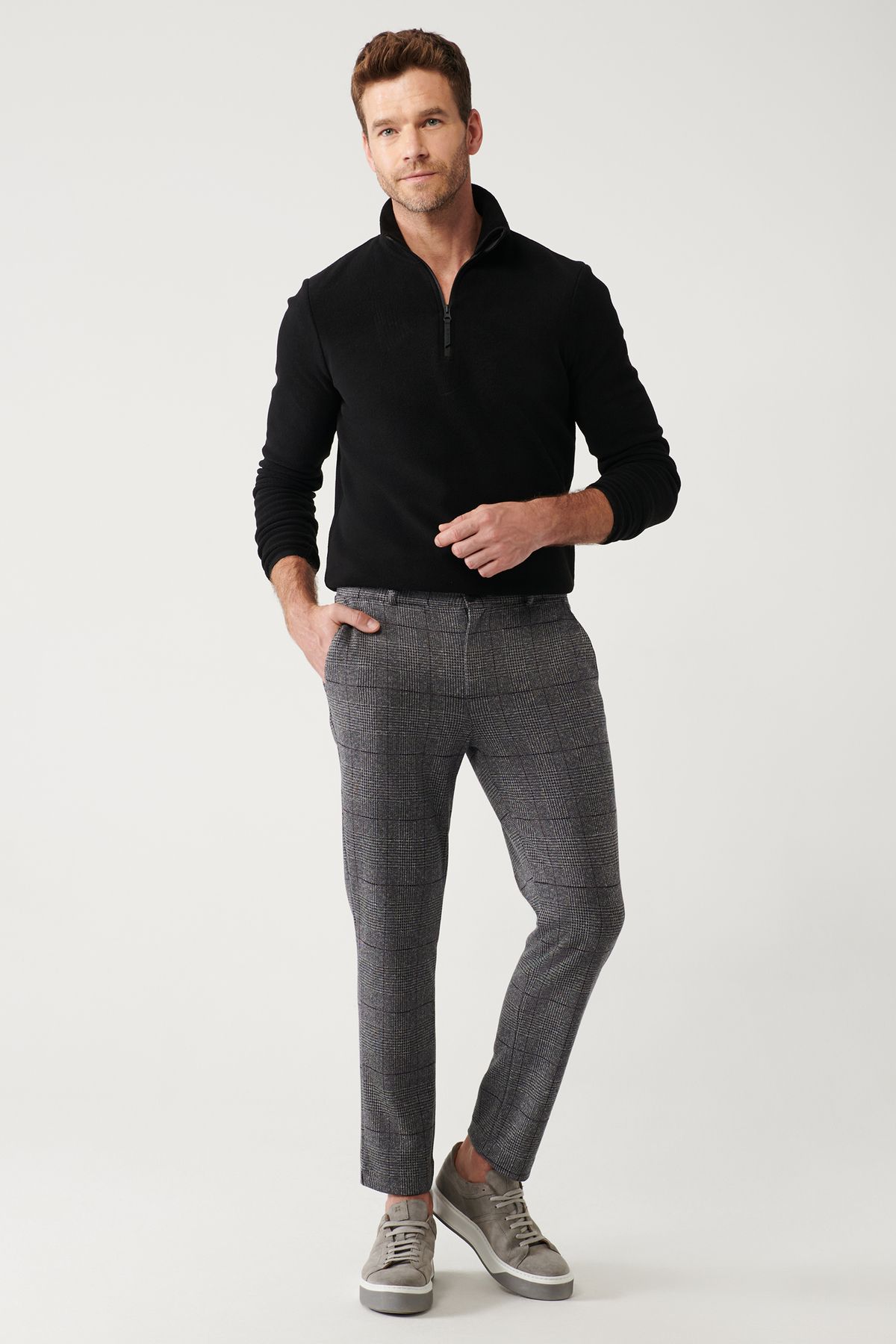 Avva-Men's Black Side Pocket Plaid Soft Button Knitted Chino Pants A32Y3075 1