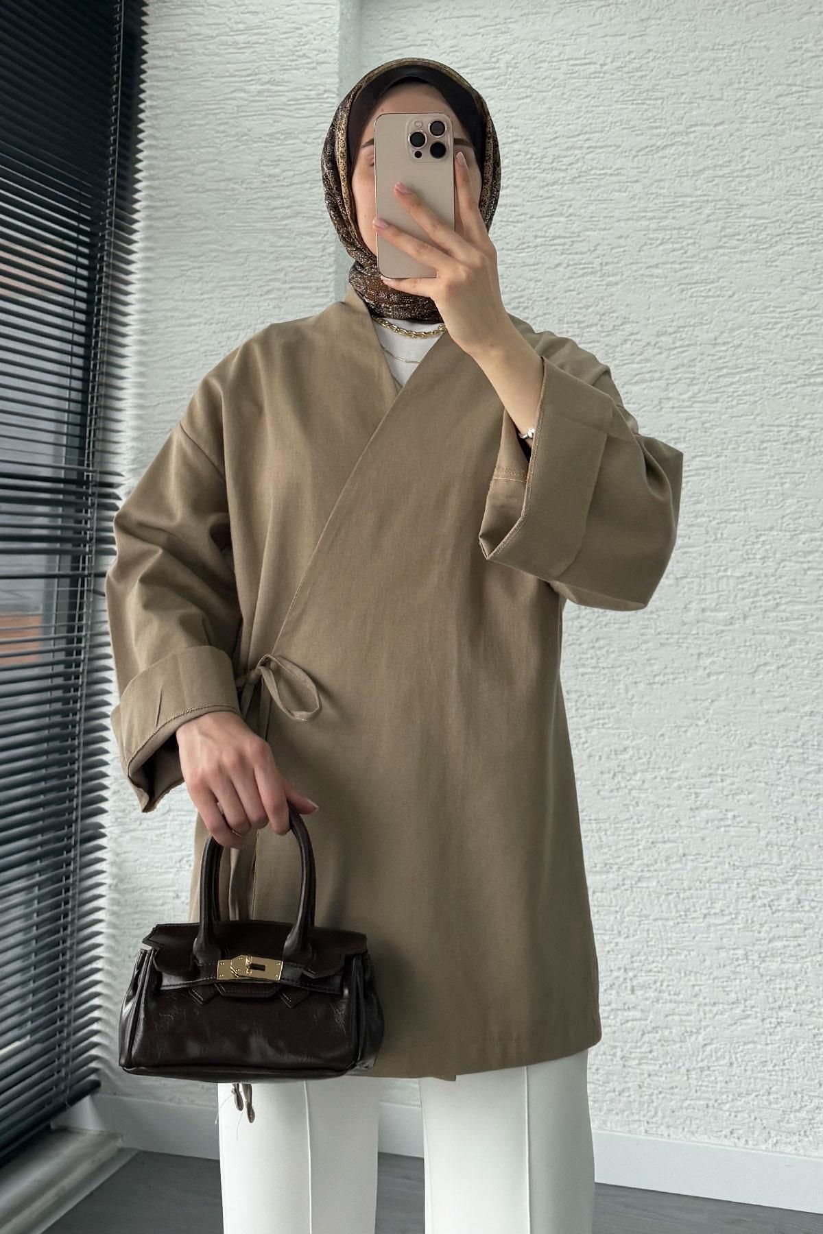MELEK ARAZ Anvelop Bağlamalı Kimono-Bej