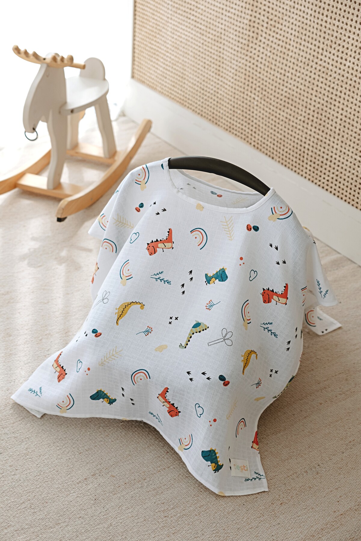 ESTİ Baby Çok Amaçlı Müslin Emzirme Önlüğü / Puset Örtüsü / Bebek Arabası Örtüsü %100 Pamuk 85x130 cm - Dino fotoğrafı 2 (önizleme)
