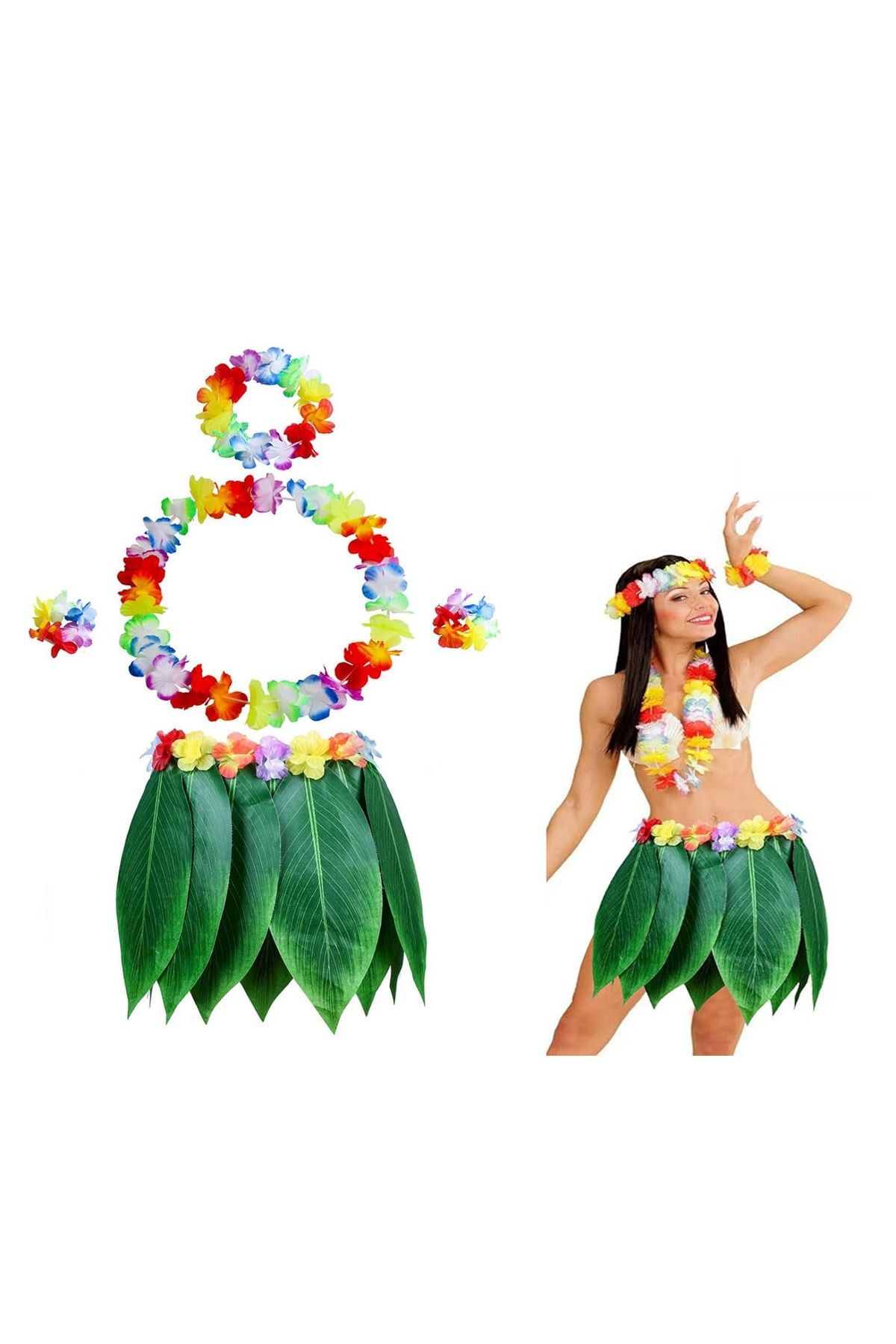Skygo Yetişkin Hawaii Kostüm Seti - Yaprak Etek & Hawaii Set - 5 Parça