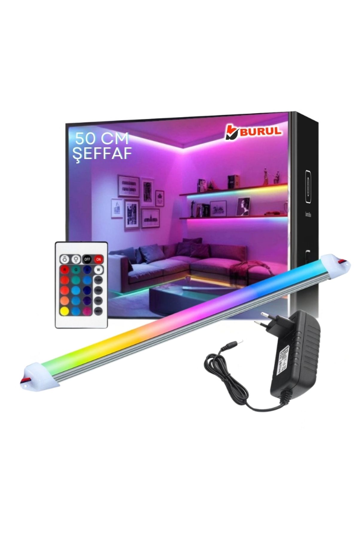 burul SB-6518 RGB Çubuk Şerit Led - 50 Cm Şeffaf 16 Renk Kumandalı Renk Değiştiren Led Işık