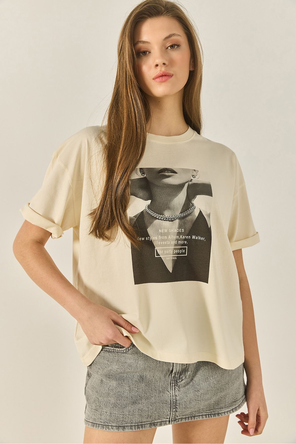 Bianco Lucci Kadın Premium Resim Baskılı Oversize Pamuklu T-Shirt ÖT251039 60283294