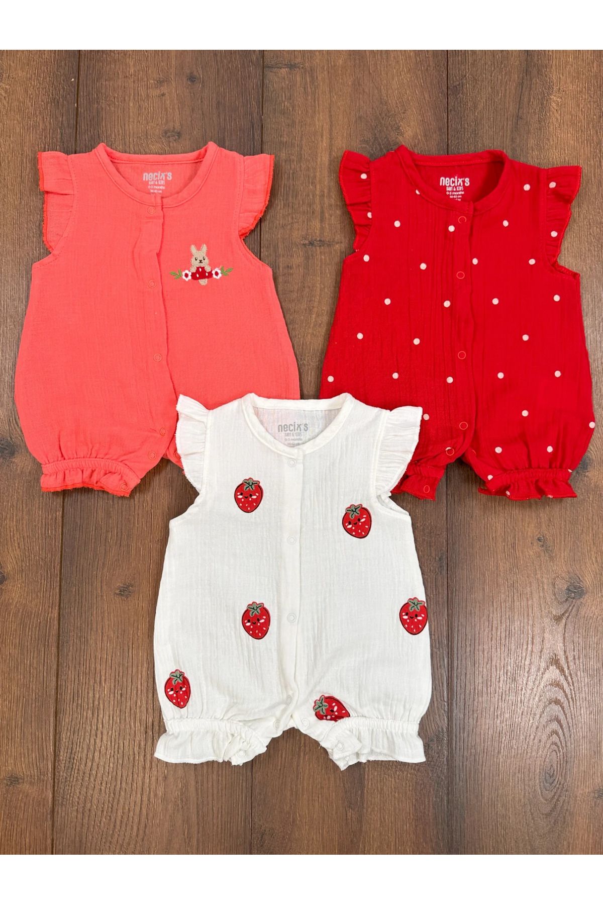 tiwitibaby Müslin Önden Çıtçıtlı 3lü Yenidoğan Yazlık Kız Bebek Tulum Set