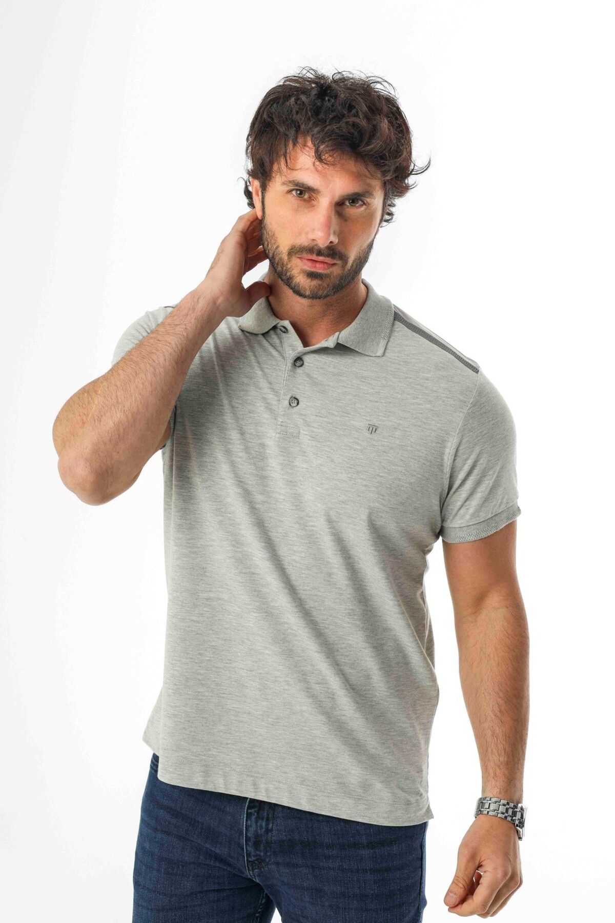 Tony Montana Polo Yaka Omzu Baskılı Düğmeli T-Shirt-PL-3614