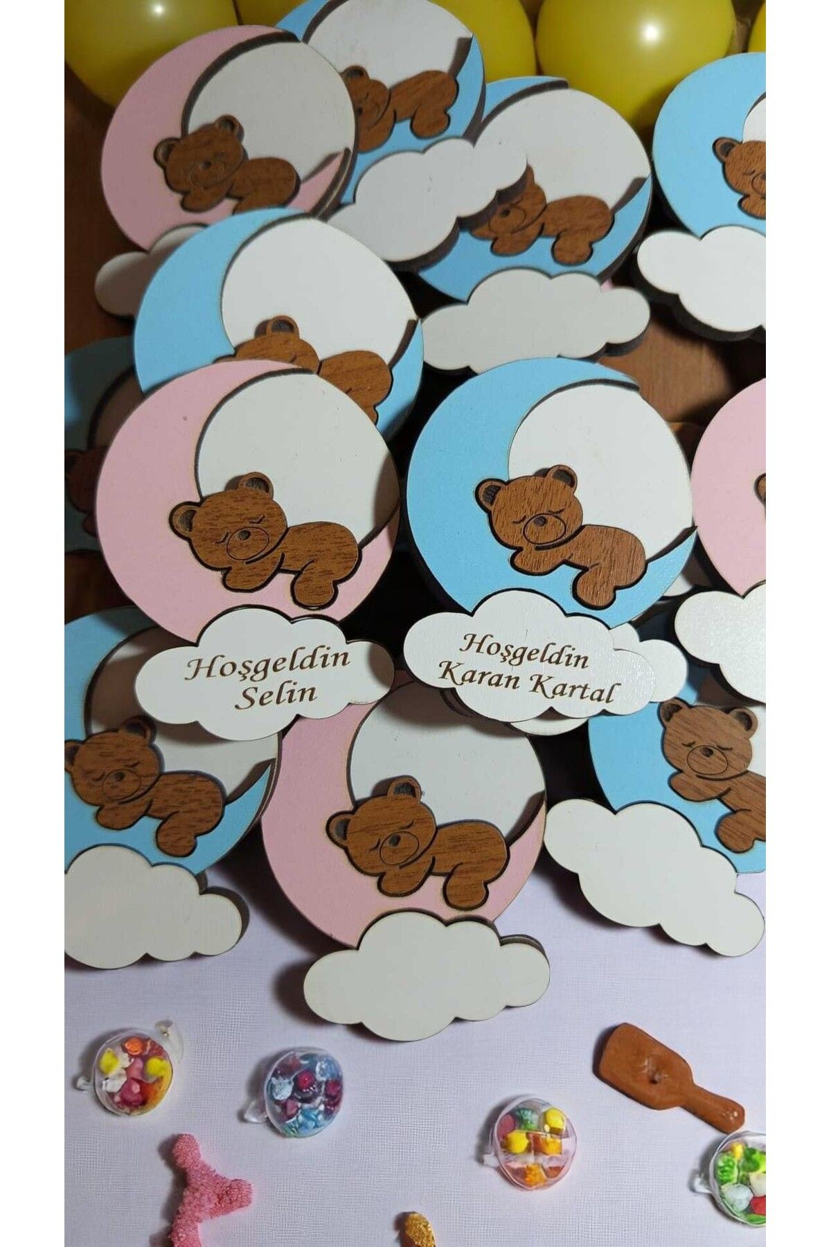 ereltasarım 20 Adet Tedy Bear Ayıcık Desenli Ahşap Bebek Yenidoğan Doğum Günü Magnet