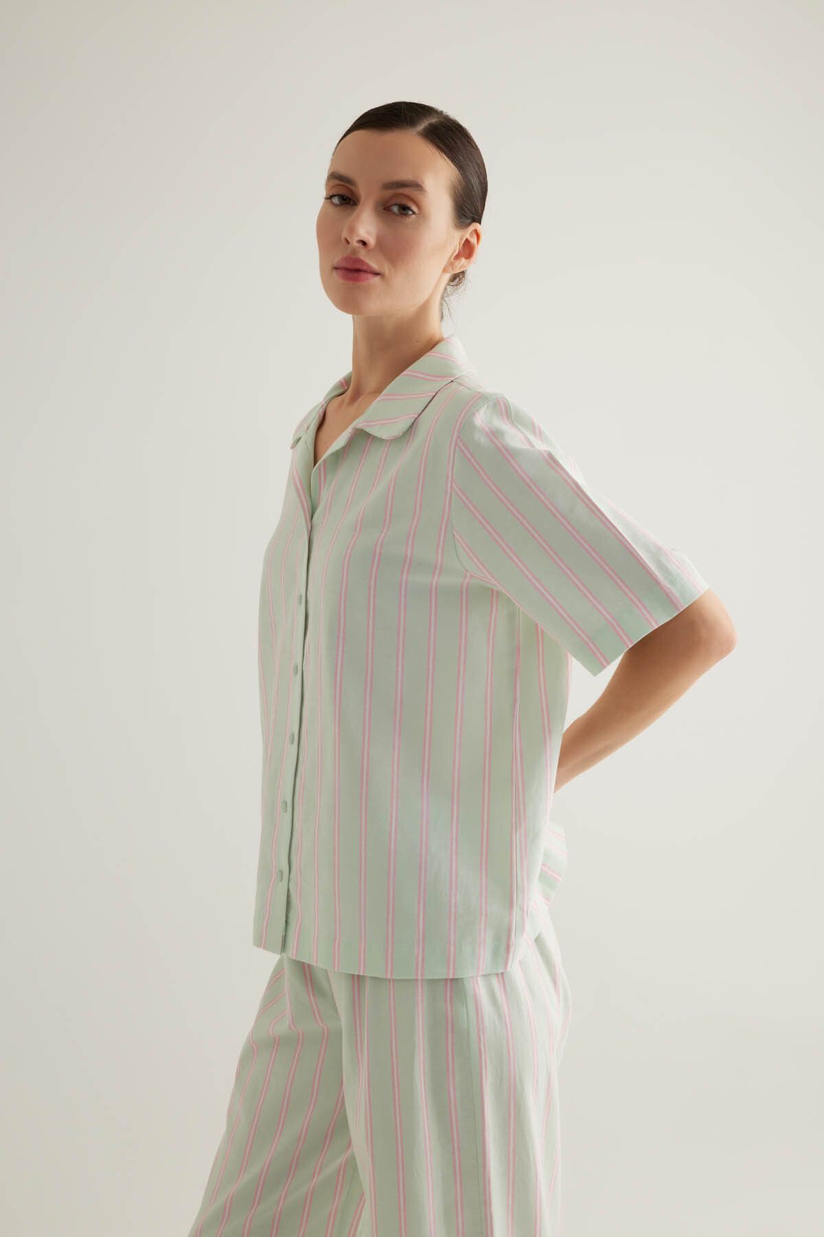 Kadın Dokuma Kısa Kollu Gömlek Pijama Üstü - 3