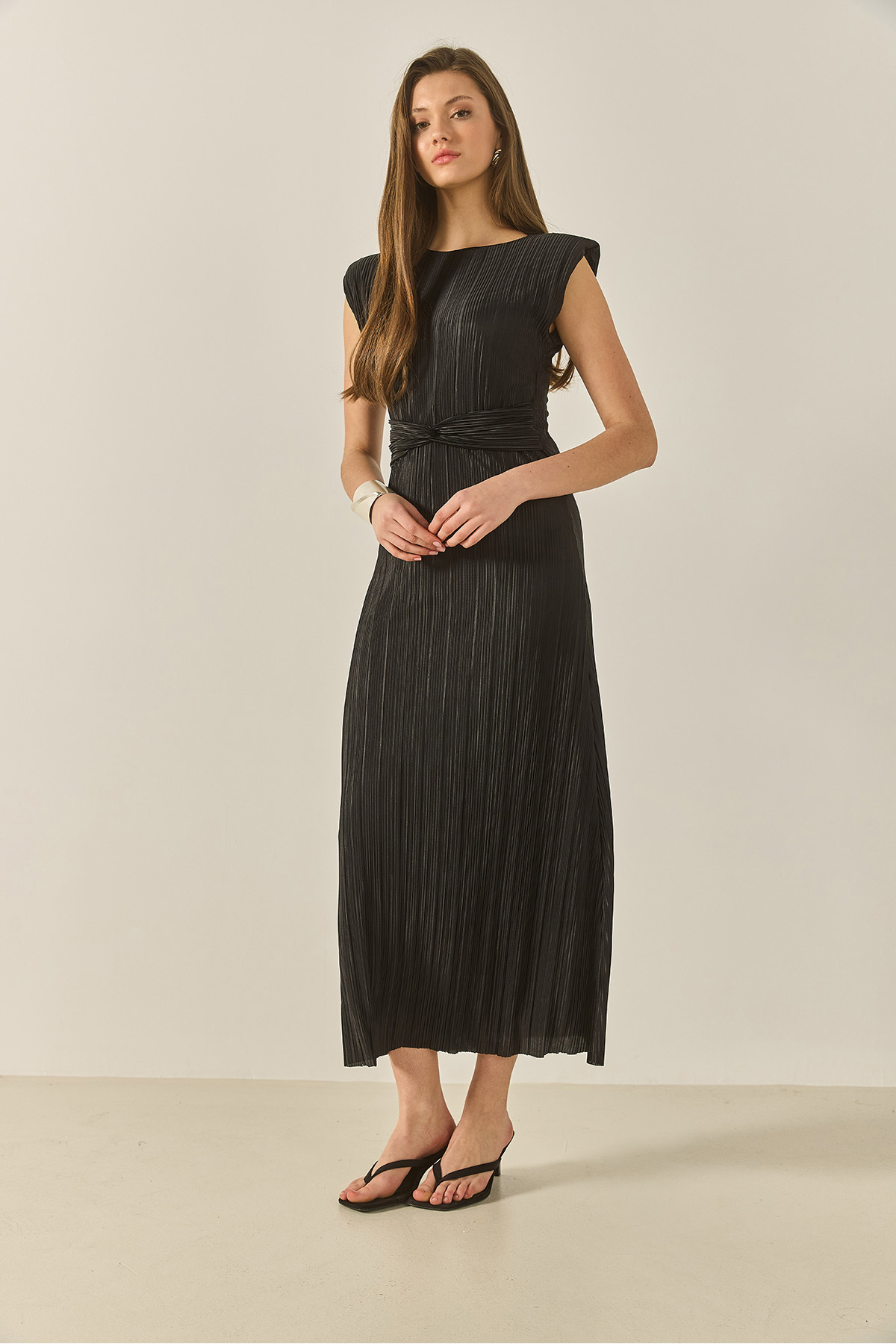 Bianco Lucci-Women's Waist Detailed Padded Satin Textured Long Pleated Dress 436 60283307 3