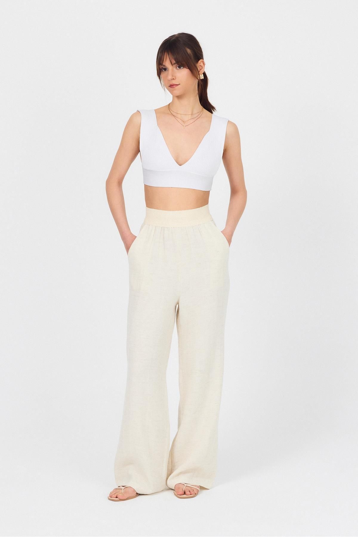 Rays Natural Bel Lastikli Müslin Keten Bol Paça Pantolon 4719A