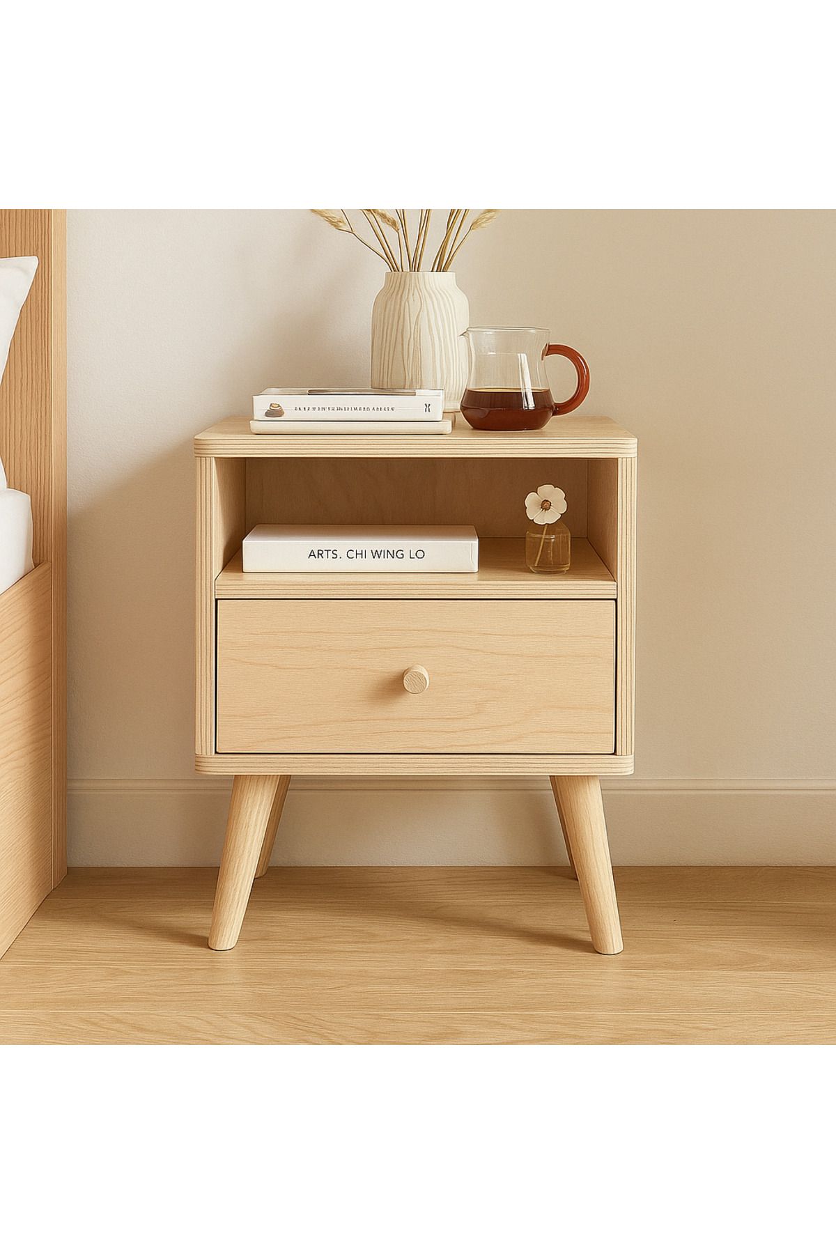 Trihome Doğal Huş Kontraplak El Yapımı Komodin – Minimalist & Modern Tasarım Çekmece Ve Raflı