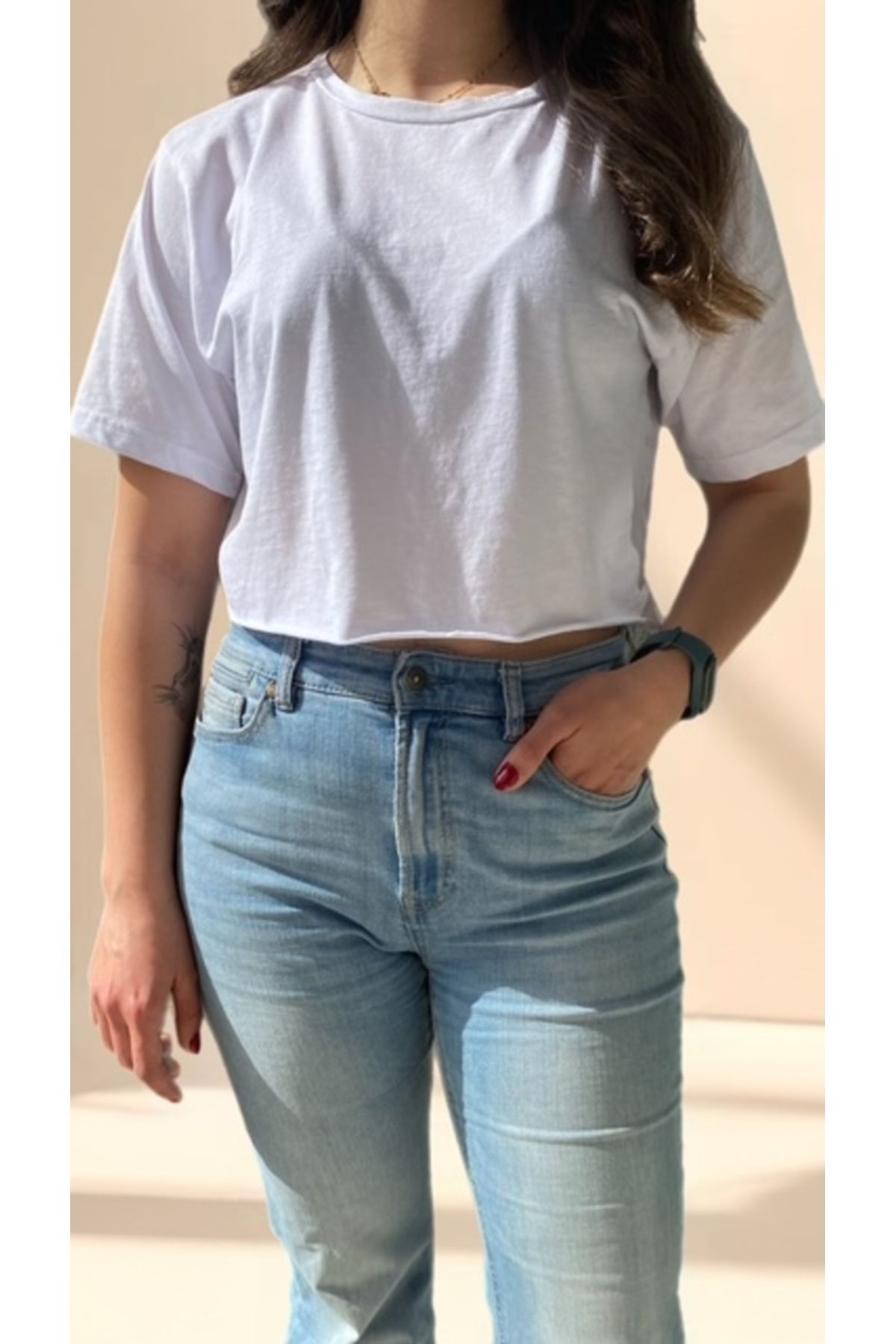 ORTAKÇA Beyaz Düz Crop T-Shirt