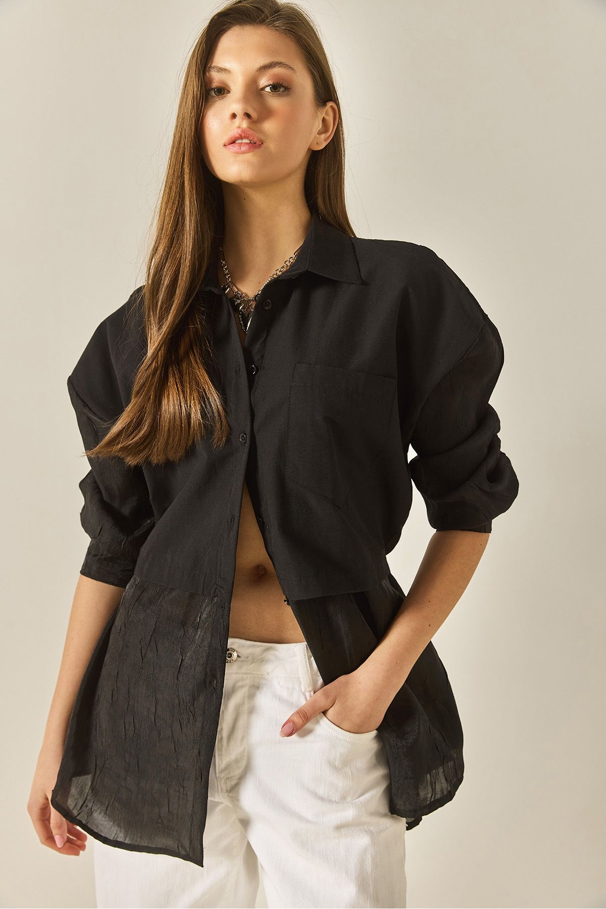 Bianco Lucci Kadın Organze Tül Detaylı Oversize Gömlek 60502 60283263
