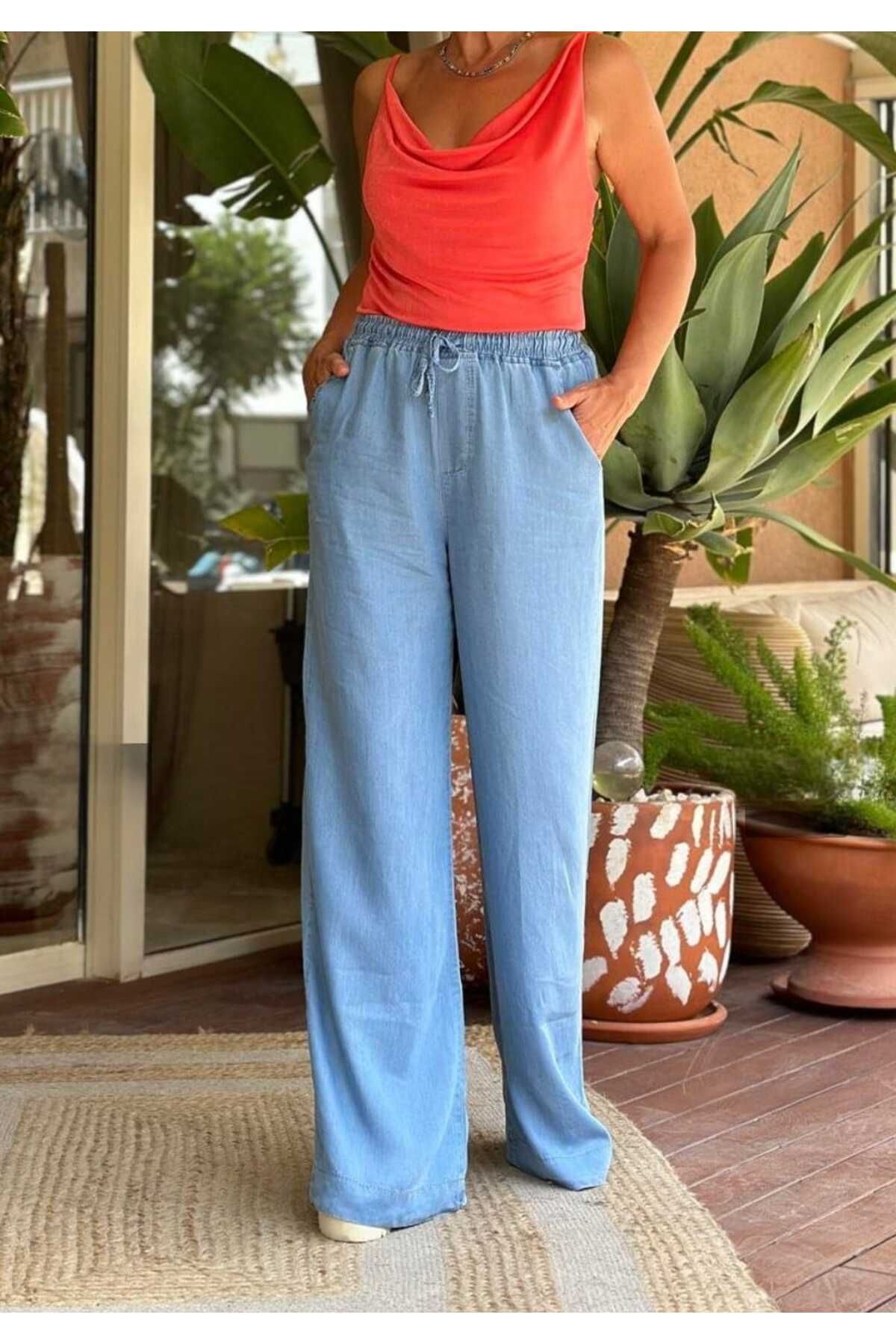 Pelin Jeans BELİ LASTİKLİ İNCE KOT SALAŞ PANTOLON