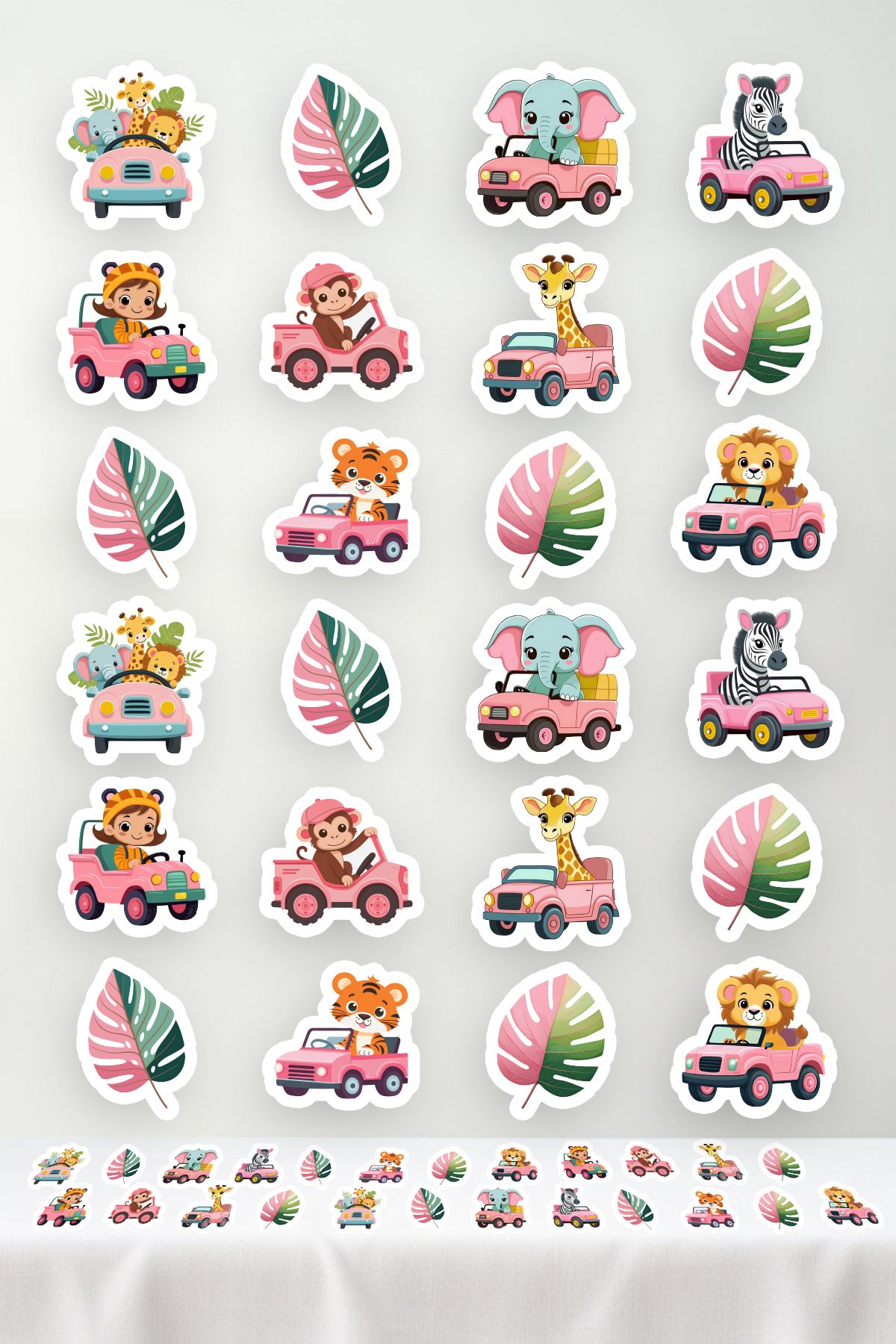 Pretty Pembe Safari Araçları-Sevimli Hayvanlar Safari Temalı Masa Üstüne Konfeti (24 ADET)