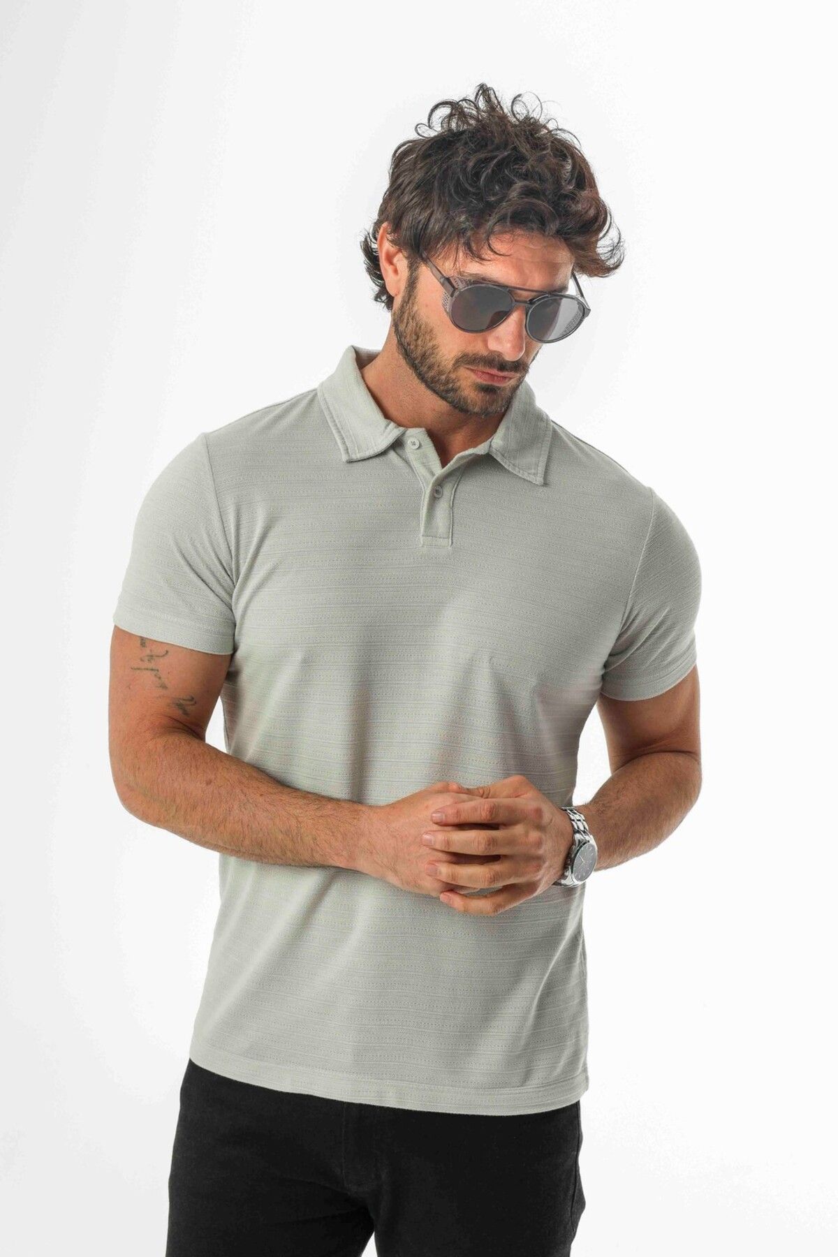 Tony Montana Polo Yaka Düğmeli Viskon Karışımlı Jakarlı T-Shirt-J-2093